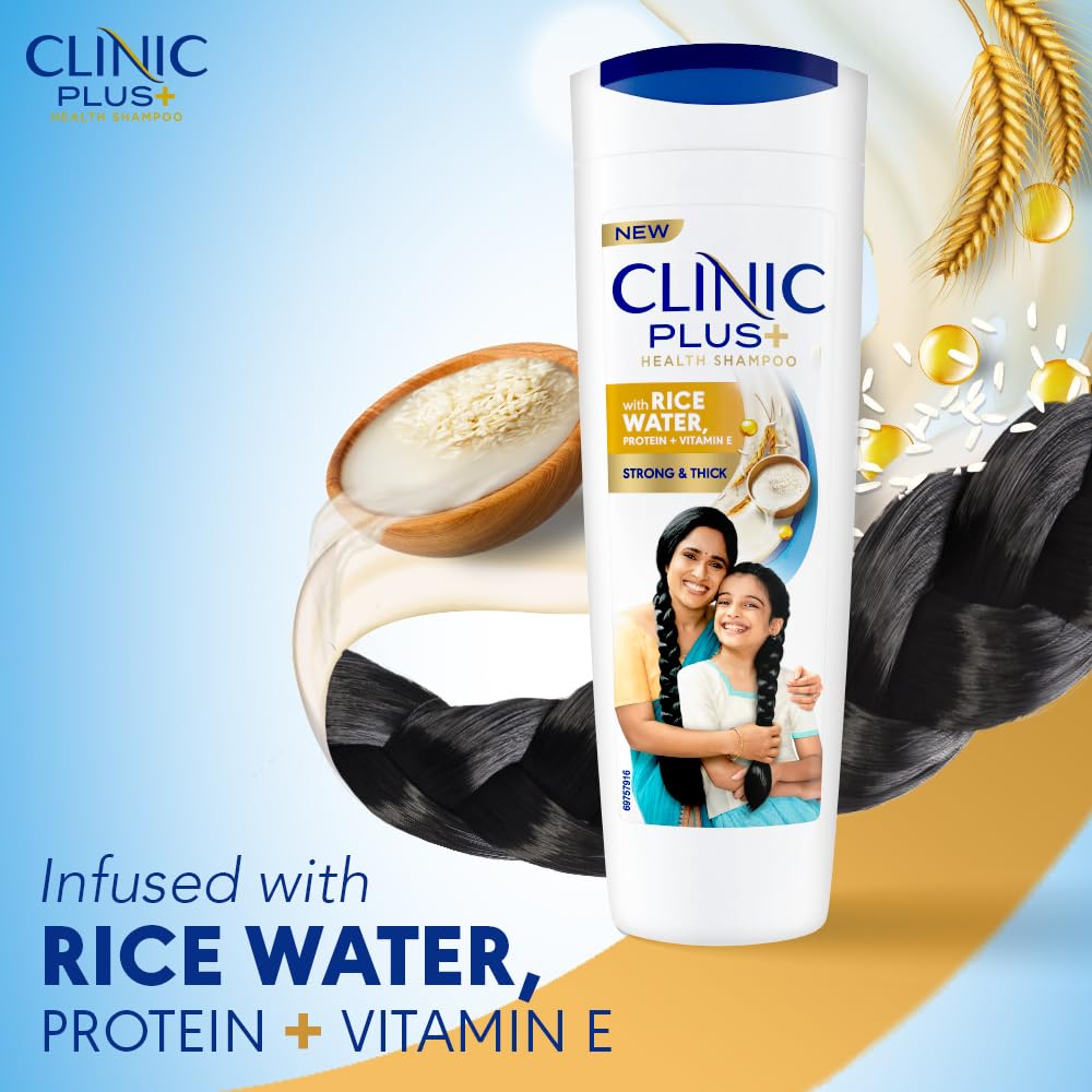 Clinic Plus Strong & Thick Shampoo with Rice Water, Protein & Vitamin E - 175ml | Hair Growth & Repair for Damaged Hair | Daily Use for Shiny, Healthy Locks