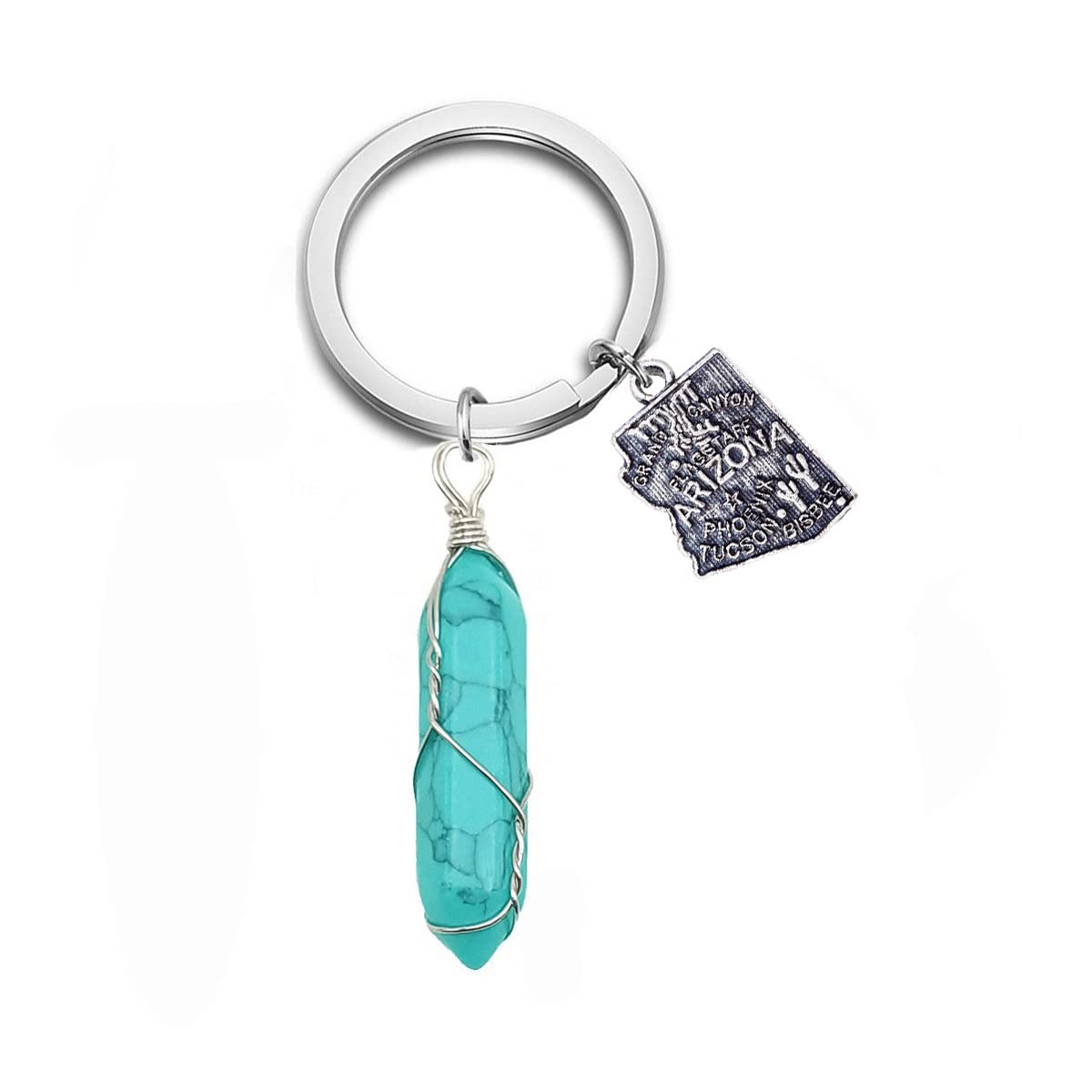 Natural Blue Turquoise Healing Crystal Keychain - US Map Design with State Crystal Stone - Miss You Love Keyring for Gifts, Travel & Spiritual Healing