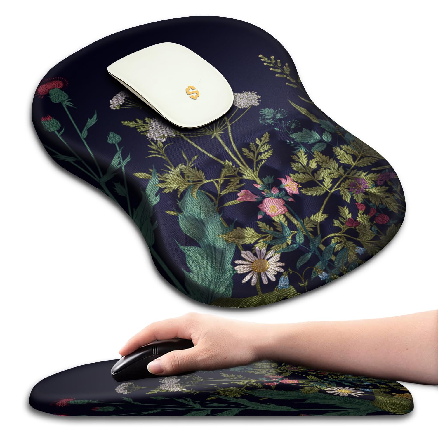 Ergonomic Memory Foam Mouse Pad with Wrist Rest - Massage Design for Carpal Tunnel Pain Relief, Non-Slip Computer Mouse Pad for Wireless Mice (Midnight Flowers Pattern) - Perfect for Office, Gaming & Long Computer Work Sessions