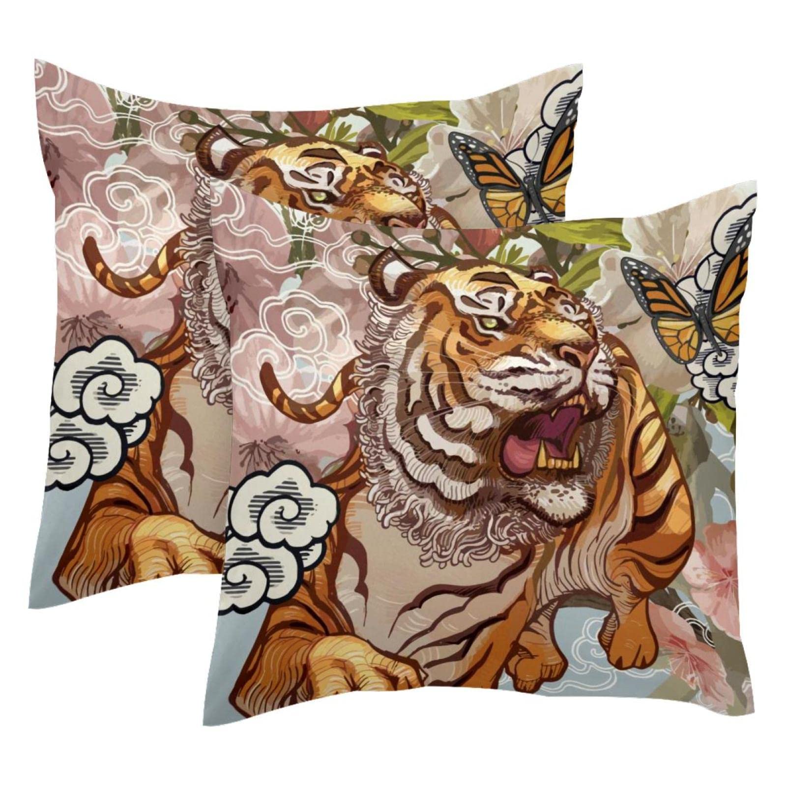 Square Cushion Covers Set of 2 - 20x20 Inch Painted Tiger, Clouds, Floral & Butterfly Designs - Decorative Throw Pillow Covers for Sofa, Bed & Home Decor - Perfect for Living Room, Bedroom & Cozy Home Styling