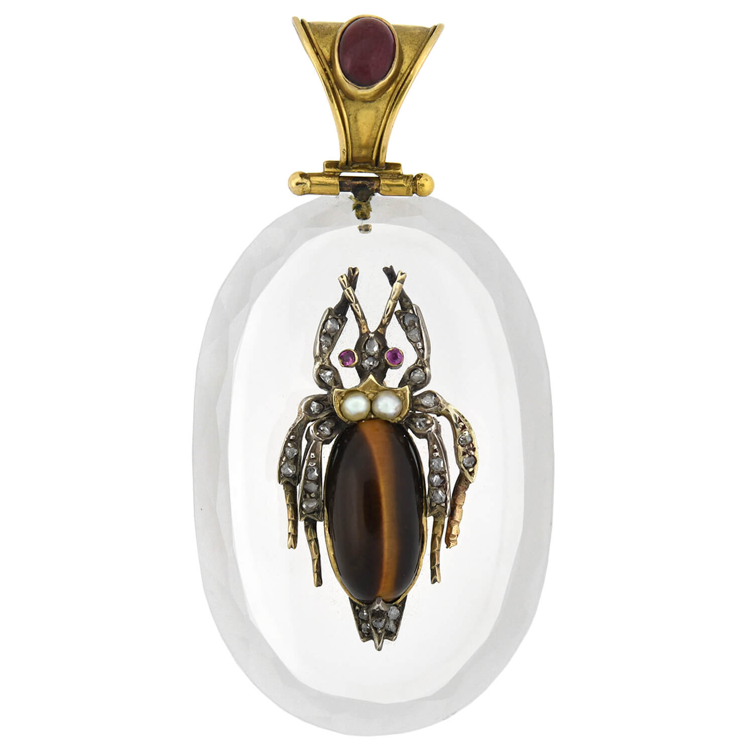 18K Gold Victorian Pendant with Rock Crystal, Diamond, Garnet & Tiger Eye - Elegant Bug Design Jewelry for Women, Perfect for Parties, Weddings & Special Occasions