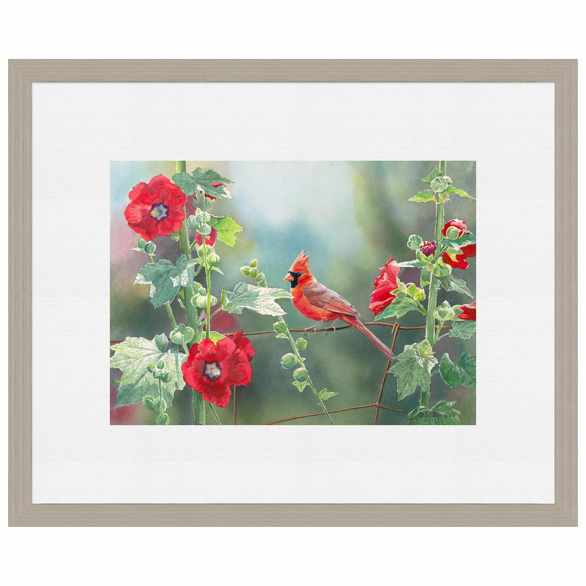 Cardinal and Hollyhocks Wall Art - Vibrant Red Bird and Flower Canvas Painting for Home Decor | Perfect for Living Room, Bedroom, and Office