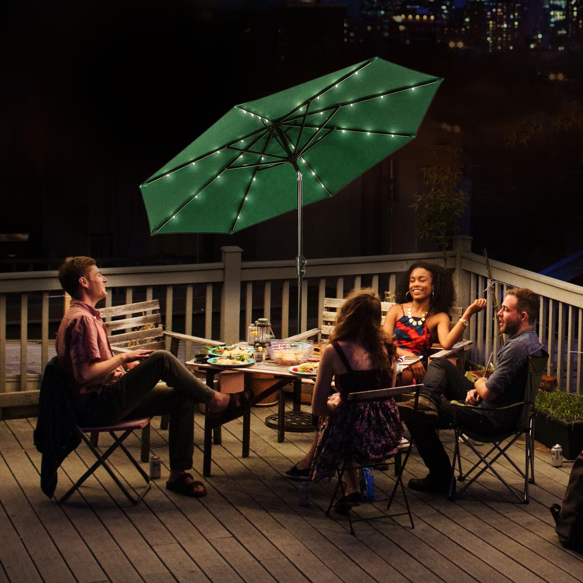 9ft Polyester 2-Section Steel Pole Outdoor Patio Umbrella with Tilt System & LED Lights - 8 Steel Ribs, Green - Perfect for Backyard, Poolside, Garden, Restaurant and Beach Use