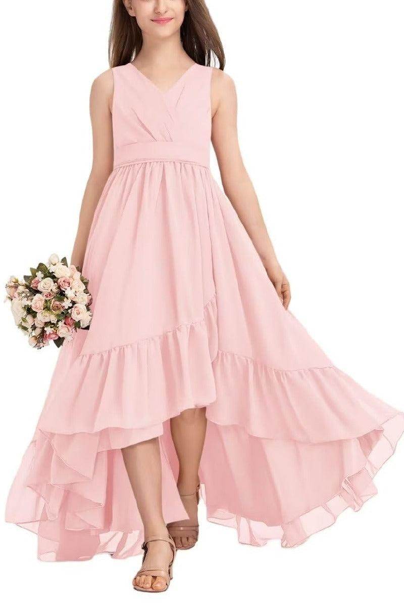 Junior Bridesmaid Dress High Low Chiffon Gown - Elegant Tea-Length Formal Gown for Weddings, Prom & Special Occasions