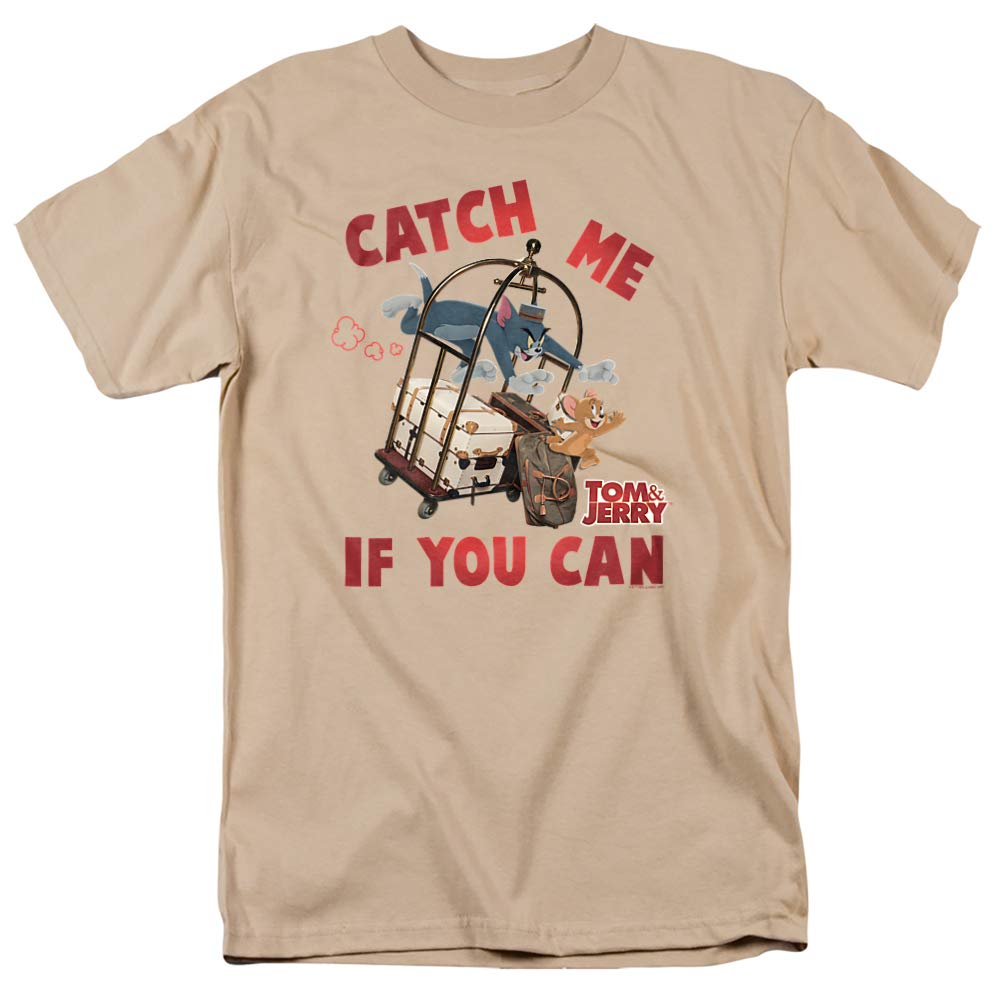 Tom and Jerry Movie 'Catch Me If You Can' Graphic Unisex Adult T-Shirt - Sand Color, Medium Size | Fun Cartoon Tee for Casual Wear, Movie Nights & Gift Giving