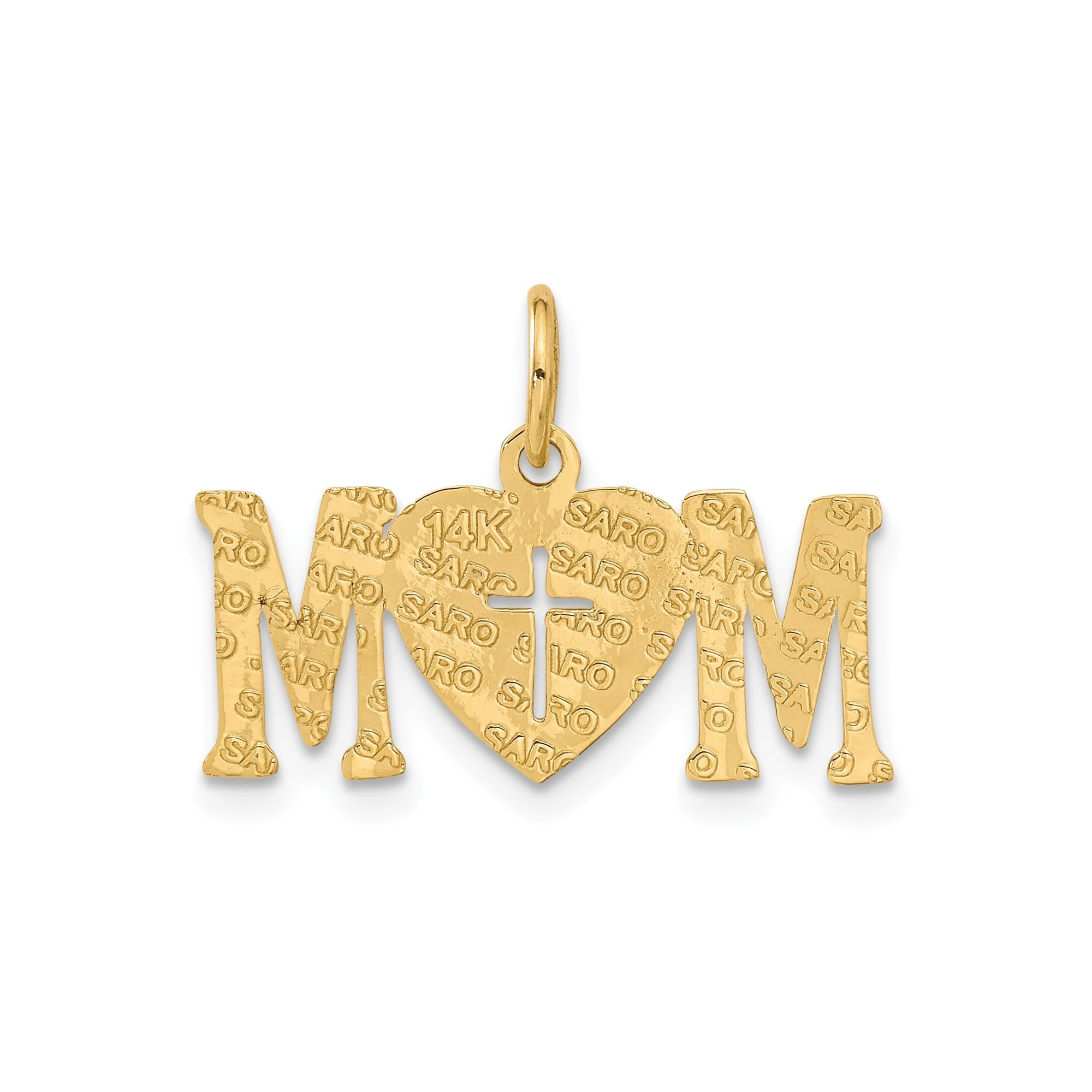 14K Yellow Gold Mom Word Charm with Cross on Heart Pendant - Elegant Women's Jewelry Necklace, Polished Finish, Solid Construction, 22mm Wide - Meaningful Mother's Day Gift for Birthday, Anniversary & Special Occasions
