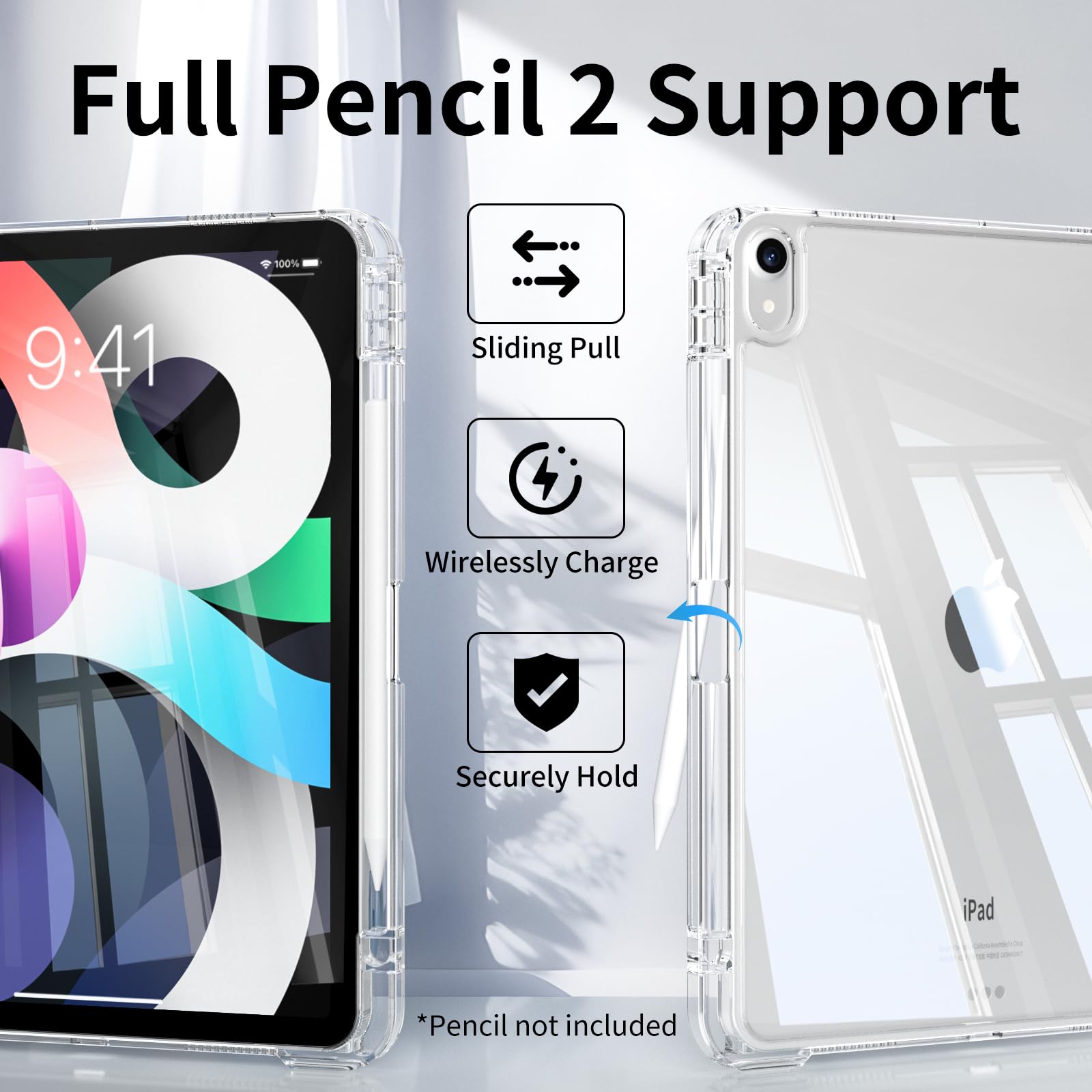 KenKe iPad Air 11-inch M2 (2024)/5th Gen (2022)/4th Gen (2020) Case with Pencil Holder - Detachable Clear Back Cover & Auto Sleep/Wake - Light Blue Protective Cover for Work, School & Travel