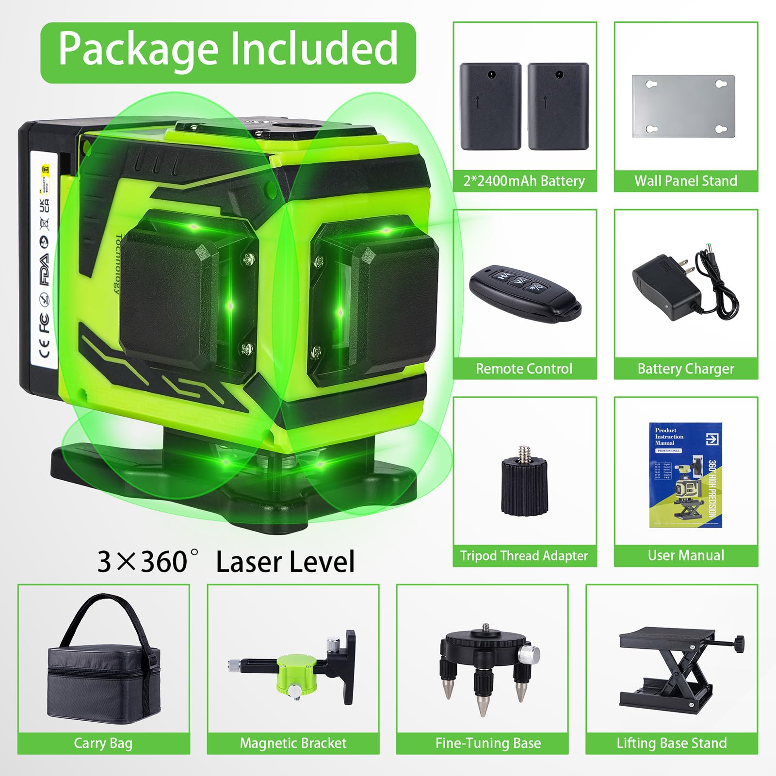 Self-Leveling Laser Level Tool - 3x360° Cross Line Green Laser for Construction, Picture Hanging & DIY Projects | High Accuracy Measurements | Includes 2 Rechargeable Batteries & Carry Case | Perfect for Home Renovation, Tile Installation & Wall Decorating