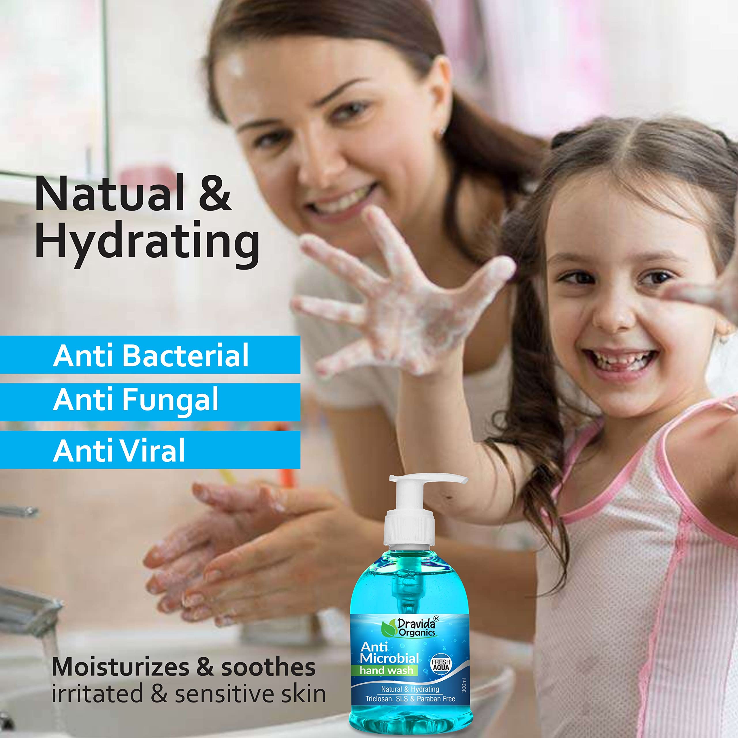 Dravida Organics Antibacterial Hand Wash - Moisturizing & Cleansing Hand Soap with Pump Dispenser (300ml) | Best Protection for Daily Use at Home, Office & Travel