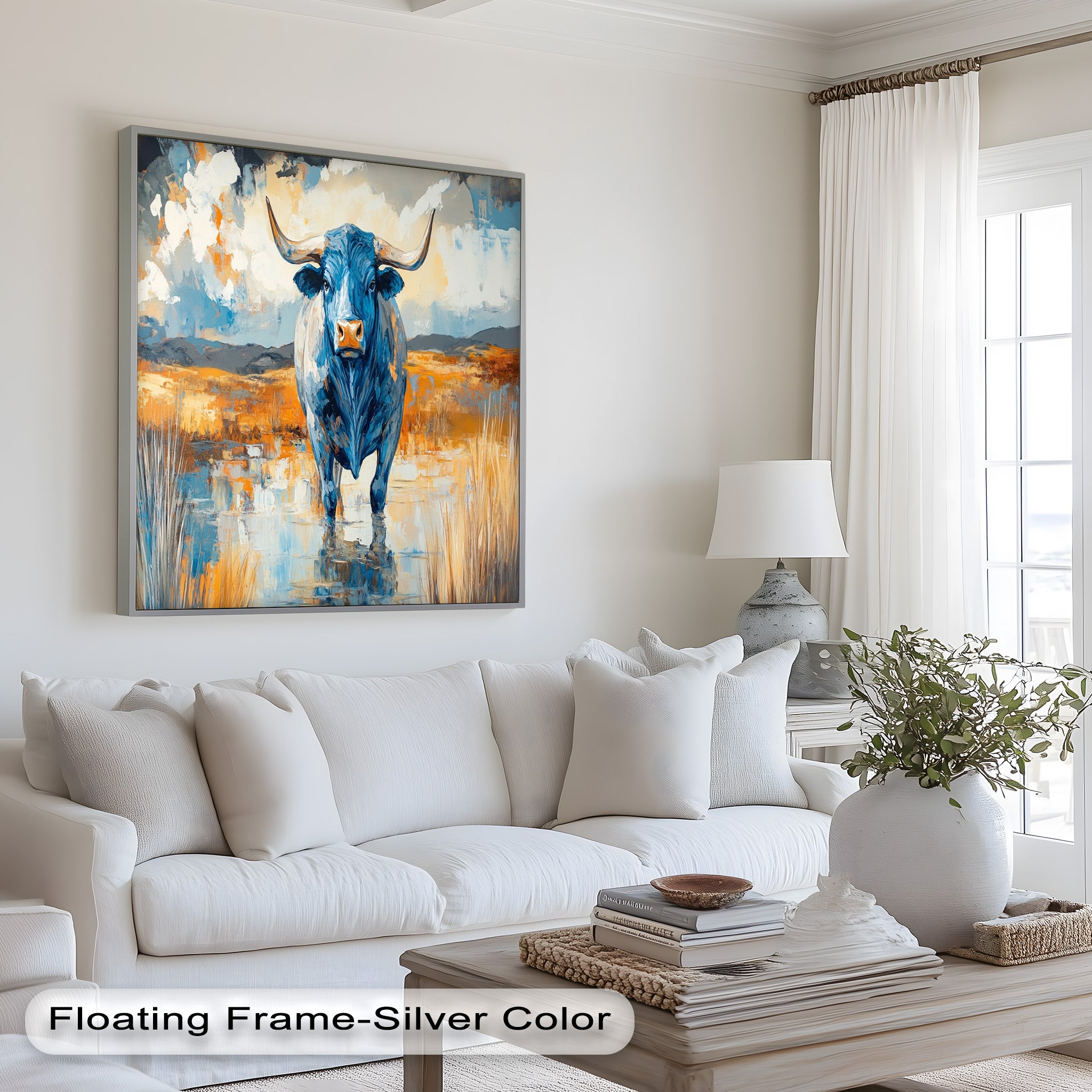 Blue Desert Bull - Hand Painted Animal Oil Canvas Artwork | Western Wildlife Decor for Living Room, Bedroom & Office