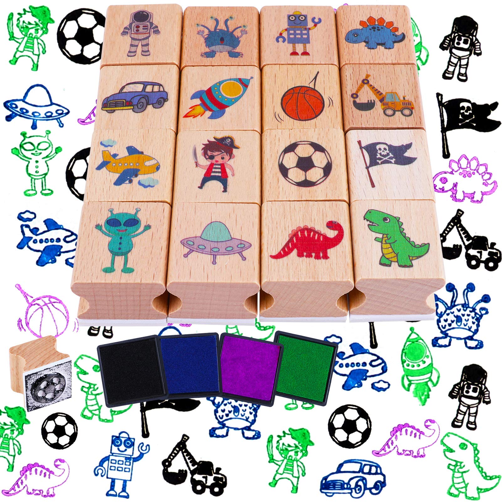 HOWAF 16pcs Kids Wooden Stamps with Ink Pad - DIY Crafts for Boys Birthday Gifts | Scrapbooking & Card Making