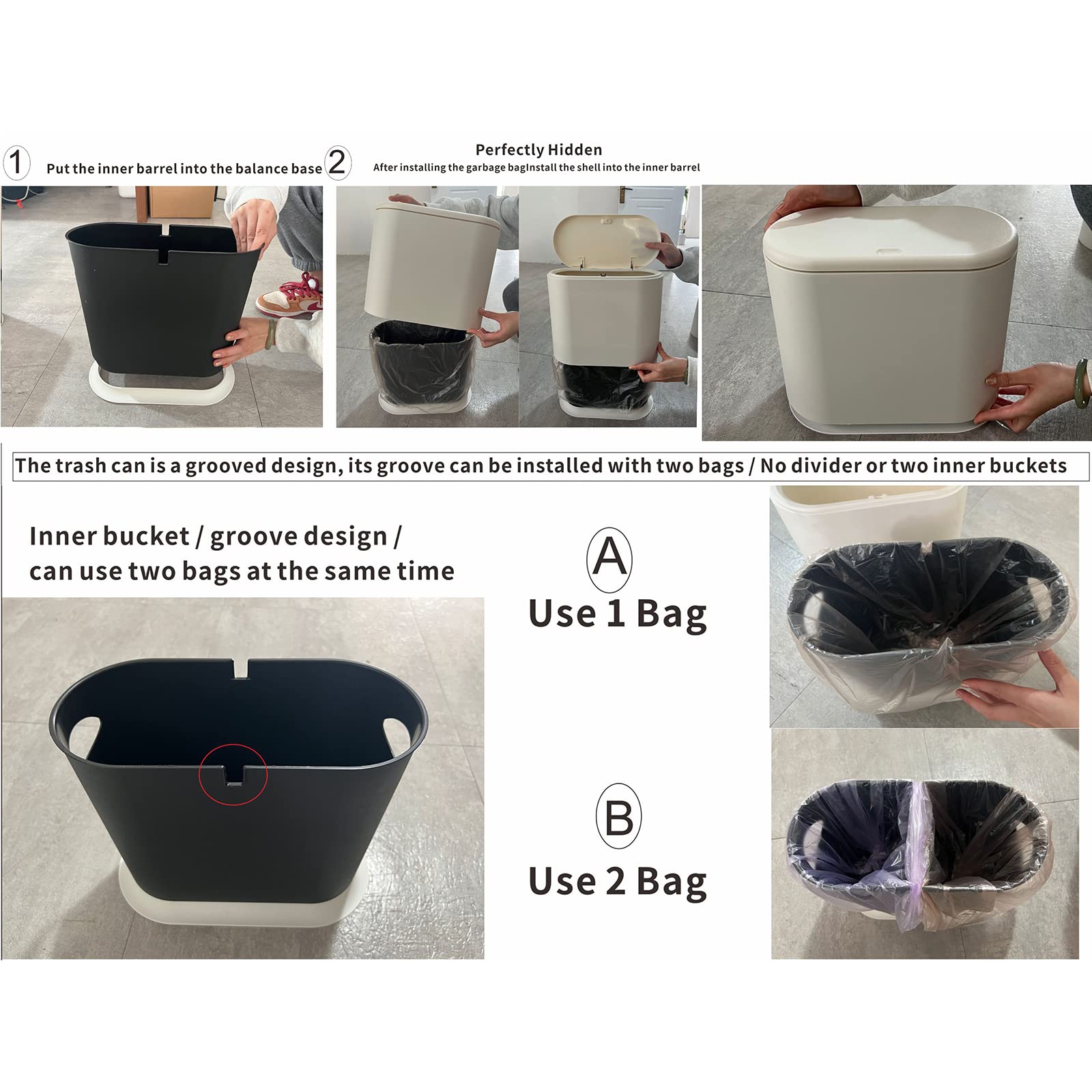 12L Press-Top Plastic Trash Can - 3.17 Gallon Narrow Bathroom Garbage Bin with Lid, Dog-Proof Design for Bedroom, Kitchen, Office & Dorm - Ideal for Small Spaces & Pet Owners (Black, Pack of 1)