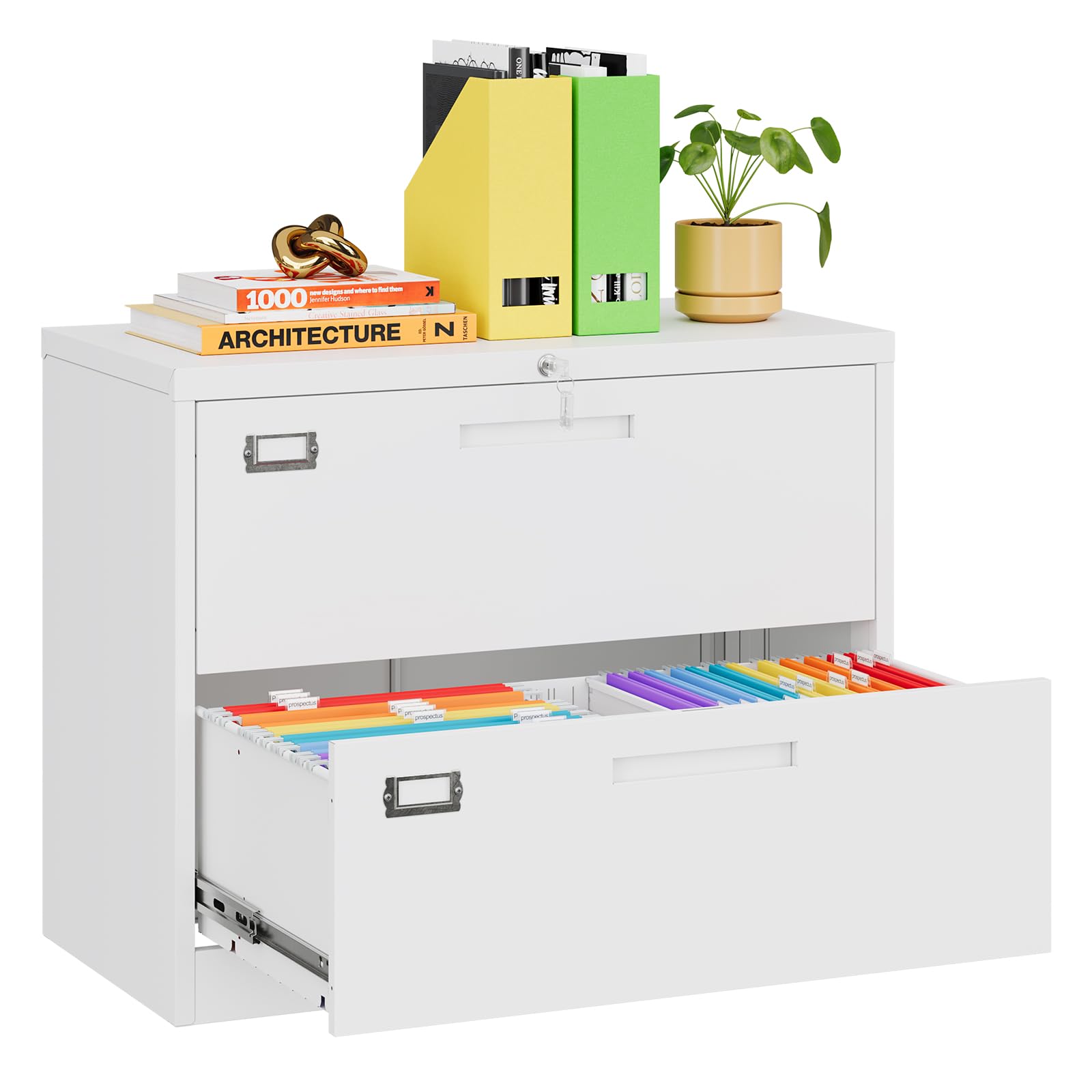 MIIIKO 2-Drawer Lateral File Cabinet with Lock - White Home Office Filing Cabinet, Large Deep Drawers with Key Lock for Hanging Folders (Letter/Legal/F4/A4 Size) - Perfect for Office Organization and Document Storage