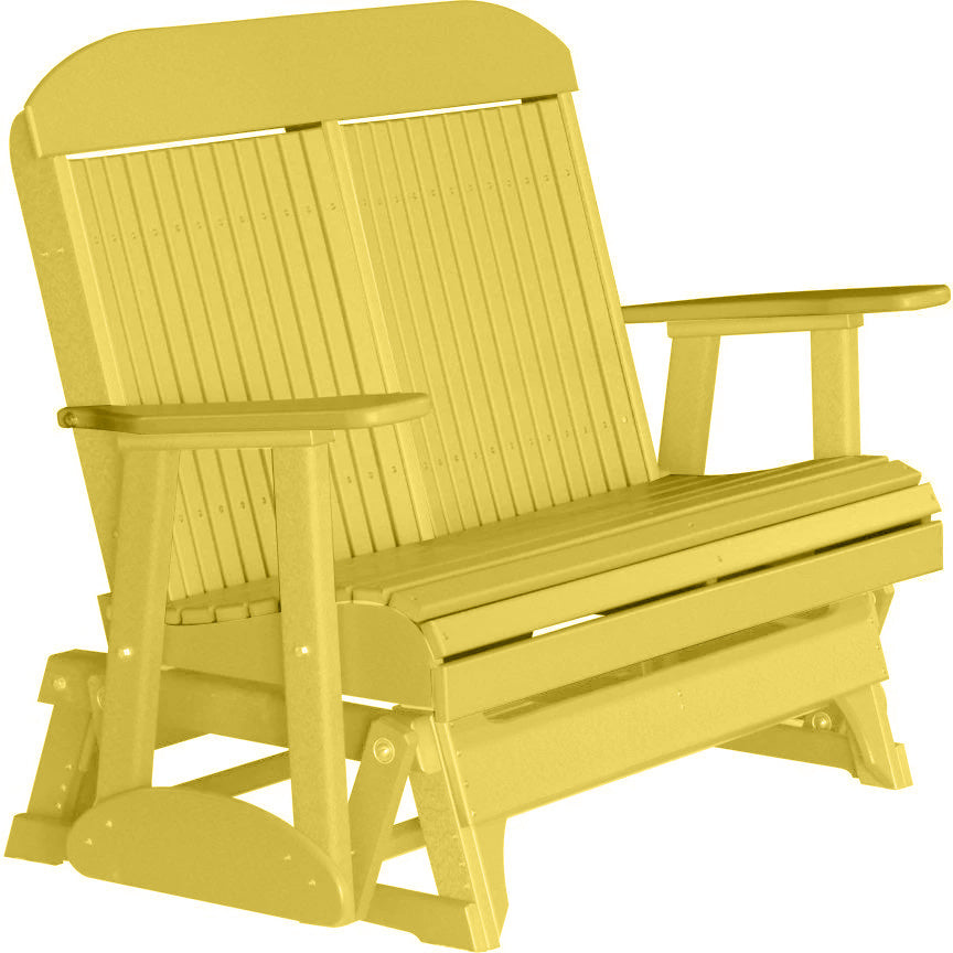 LuxCraft 4FT Yellow Recycled Plastic Highback Outdoor Glider Bench with Cup Holder - Durable Patio Furniture for Garden, Porch & Backyard Relaxation