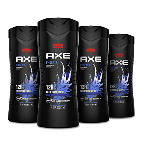 AXE Men's Body Wash 12-Hour Freshness - Phoenix Crushed Mint & Rosemary Scent, 16 Fl Oz (Pack of 4) | 100% Plant-Based Moisturizers for Hydrated Skin | Perfect for Gym, Workout & Daily Shower Routine