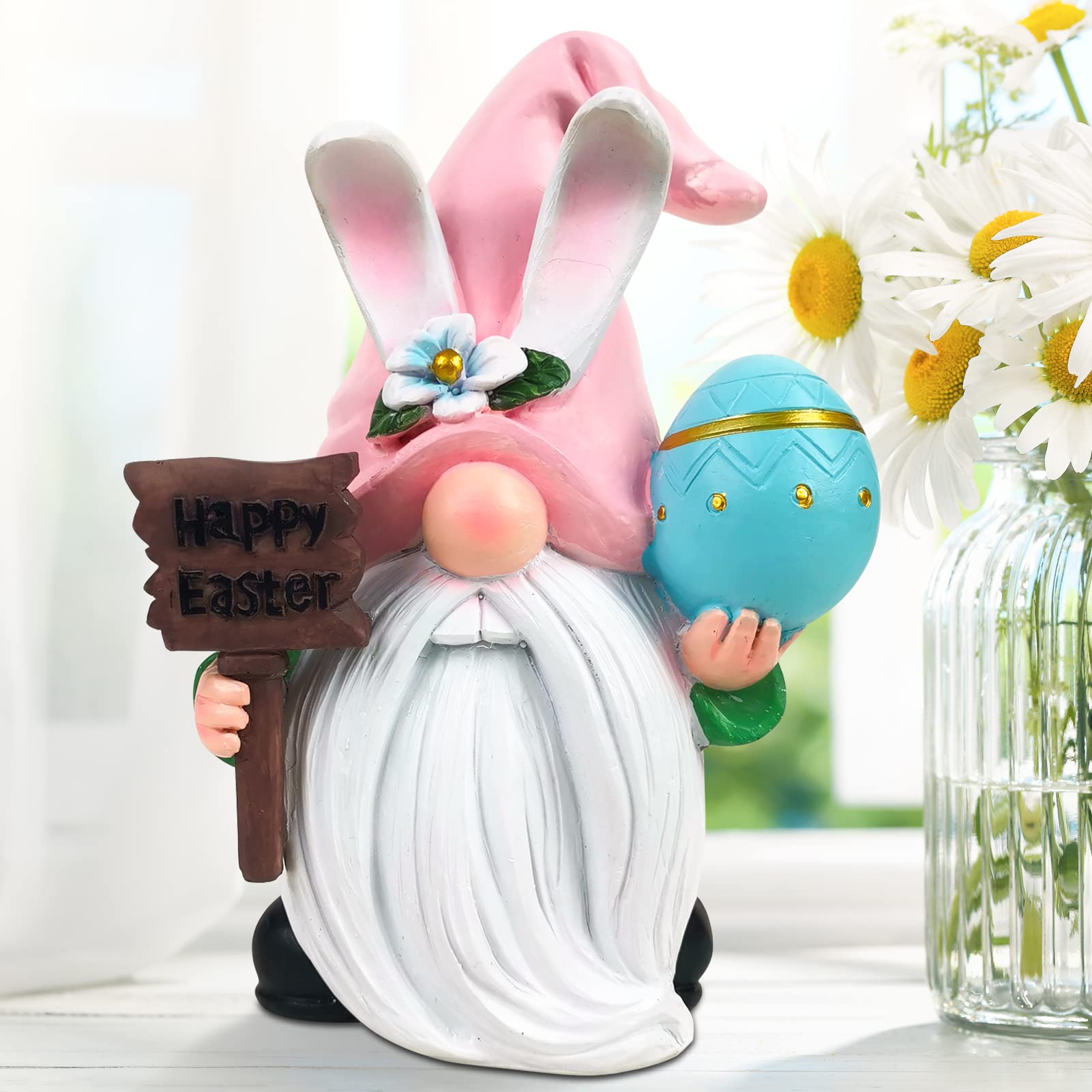 Easter Gnome Statue Decor - Bunny Dwarf Doll Figurine with Detachable Happy Easter Sign - Fairy Garden Ornament - Cute Gnome Sculpture for Indoor Outdoor Table Decor - Easter Gift for Home, Garden, Party & Holiday Celebration