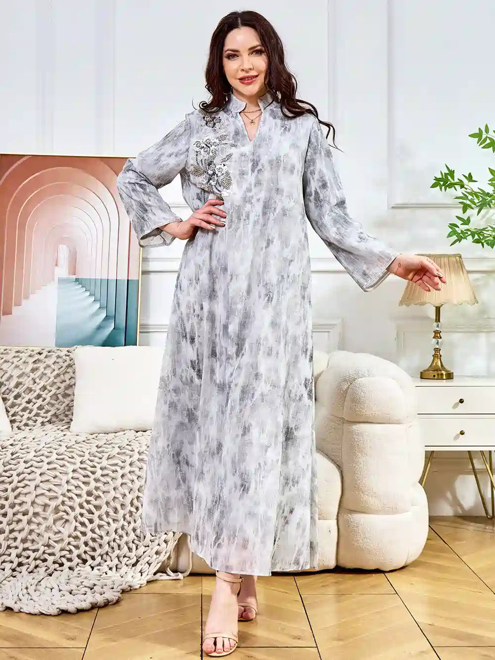 Hotfix Rhinestone Beaded Caftan Dress for Women - Elegant Kaftan with Crystal Embellishments for Eid, Parties, and Special Occasions