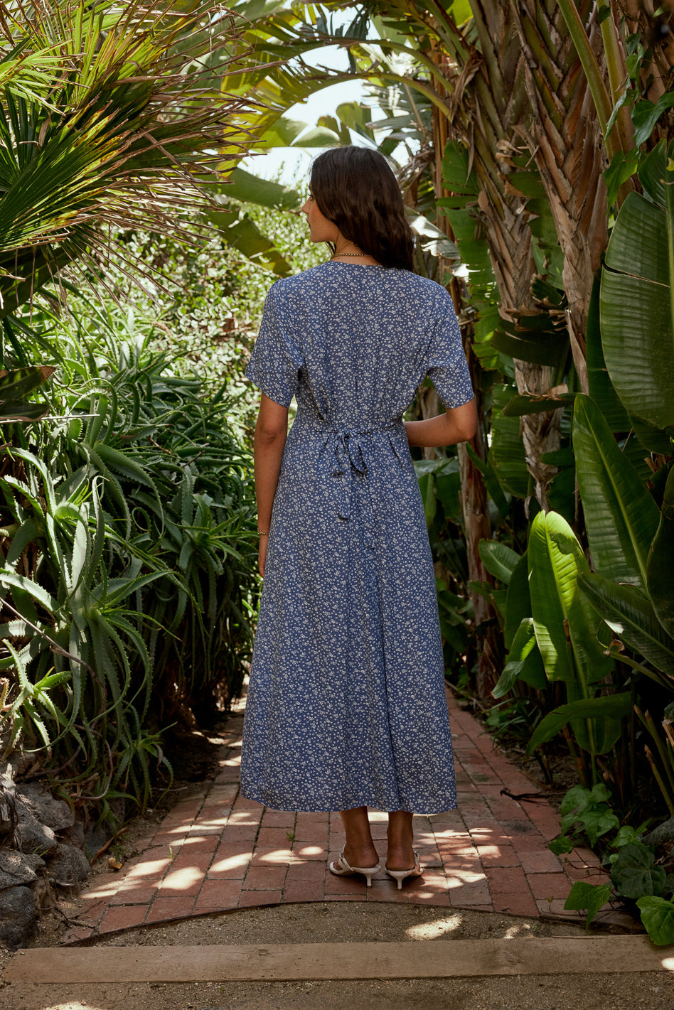 Ember Floral Midi Dress for Women - Blue Floral Print Summer Dress, A-Line Flowy Midi Length with Short Sleeves - Perfect for Beach Vacation, Date Night & Summer Weddings