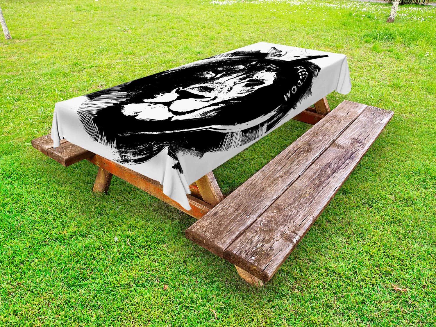 Ambesonne Lion Print Outdoor Tablecloth - King of The Forest Lion Head Sketch, Monochrome Wild Animal Design, Washable Picnic Table Cover 58x84 Inches, Black & White - Perfect for BBQs, Camping, and Outdoor Dining Parties
