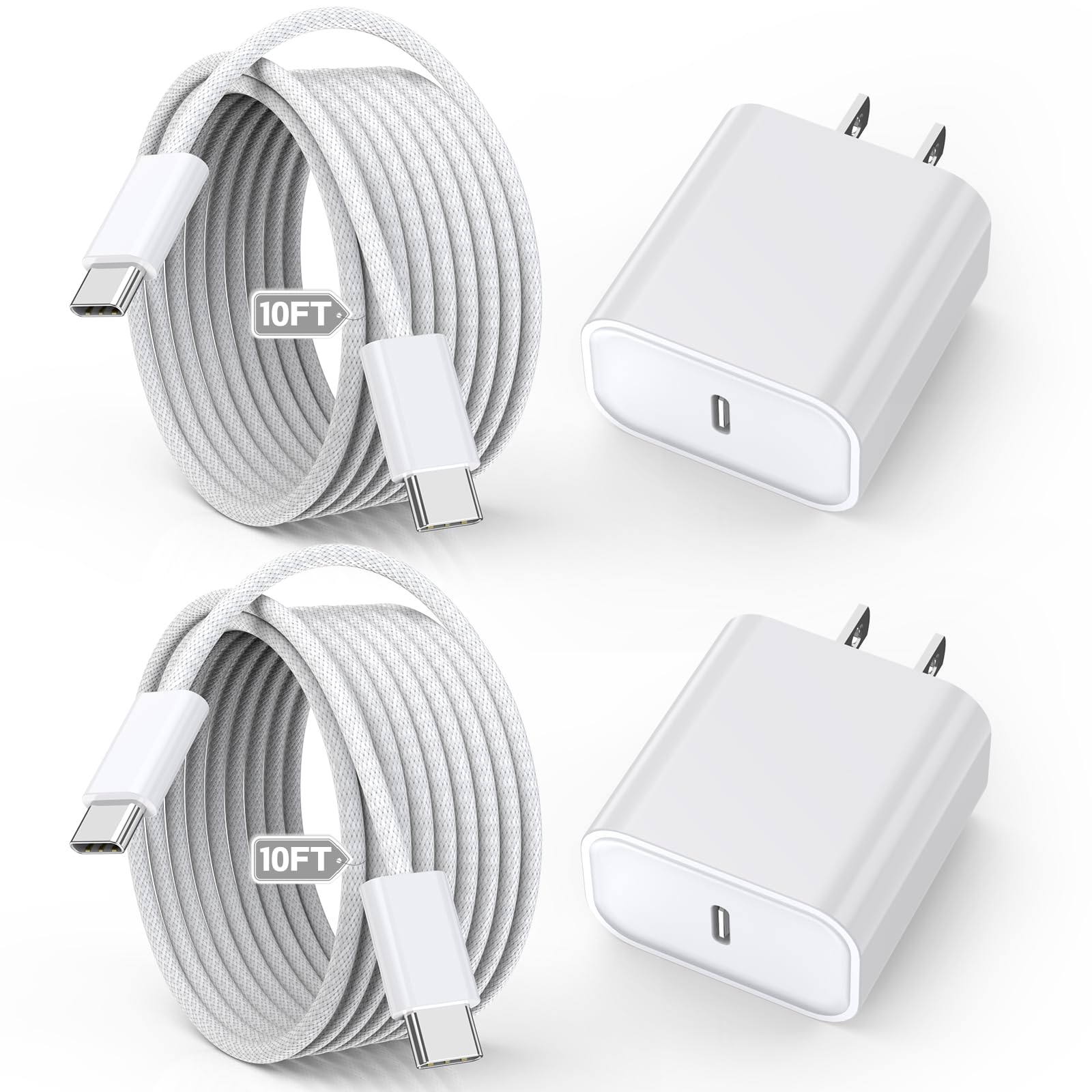 10FT USB C to USB C Fast Charger Cable 2-Pack - 20W PD Quick Charge for iPhone 16/15 Pro/Plus/Pro Max, iPad Pro/Air/Mini - Durable Braided Nylon Cord with Power Adapter - Perfect for Home, Office & Travel Charging