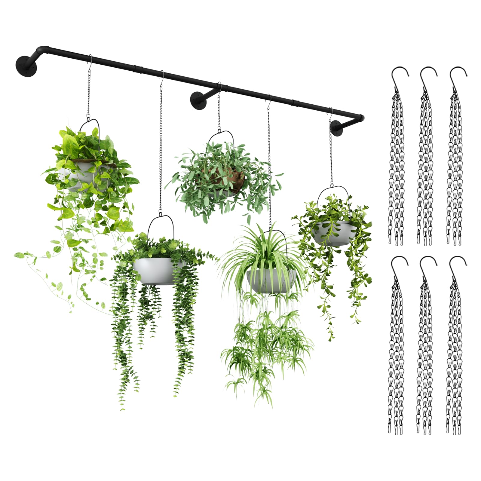 6-Chain Black Metal Indoor Plant Hanger - Window Hanging Planter Holder with Adjustable Rod for Pothos, Spider Plants & Ferns (Pots Not Included) - Perfect for Living Room, Bedroom & Balcony Decor
