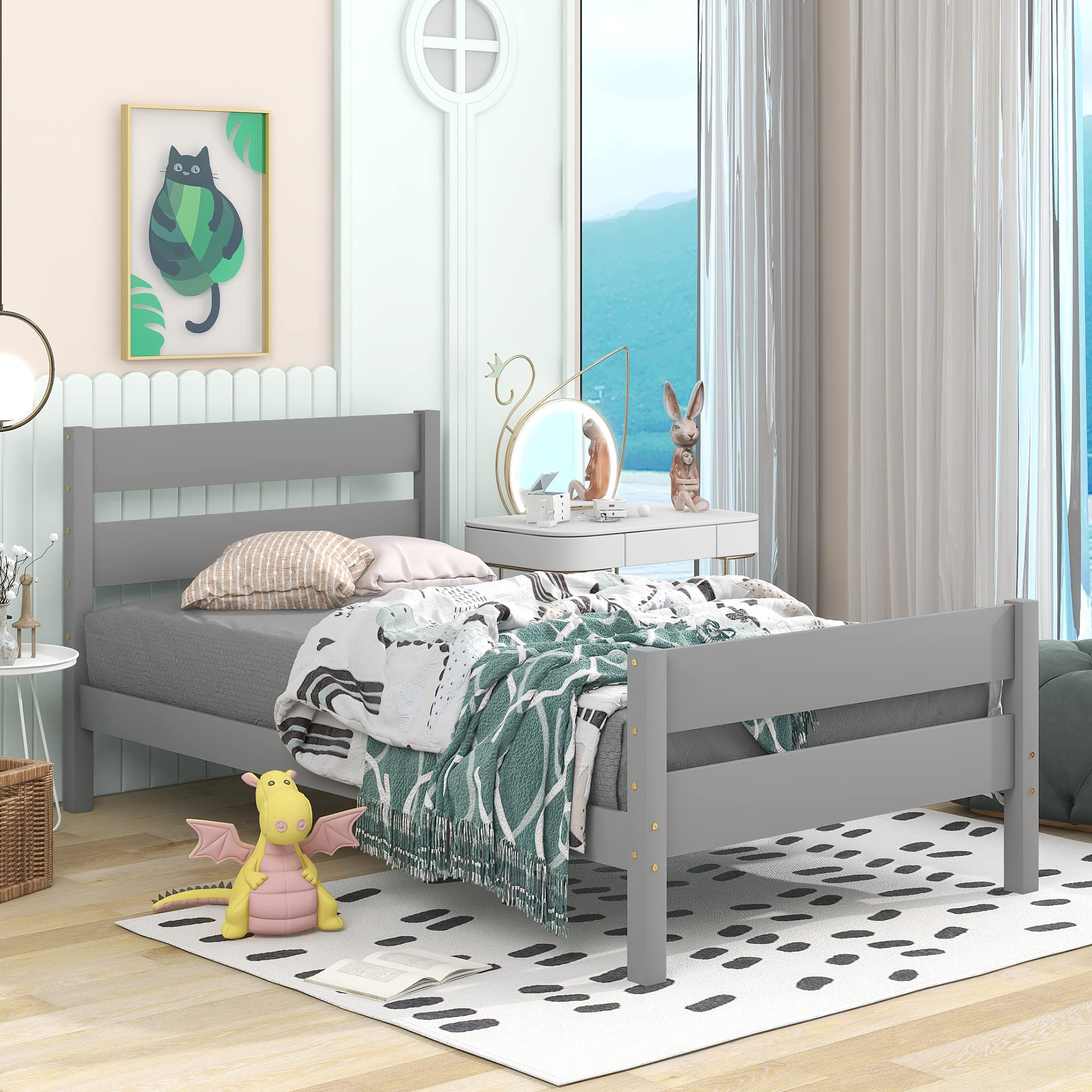 Olela Twin Bed Frame - Sturdy Wood Platform Bed with Headboard for Kids & Teens, No Box Spring Needed, Grey - Perfect for Bedrooms, Dorms, and Guest Rooms