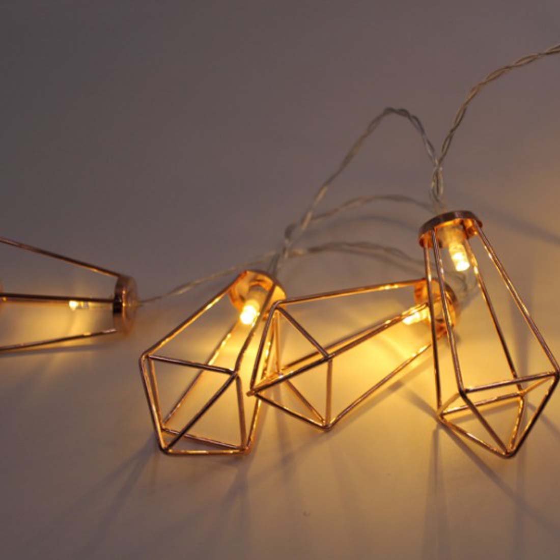 5ft 10-LED Rose Gold Geometric Diamond Metal Wire Fairy Lights - Battery Operated Water Drop Cage String Lights for Christmas, Wedding, Party, Garden & Home Decor - Perfect for Bedroom, Patio, and Outdoor Events
