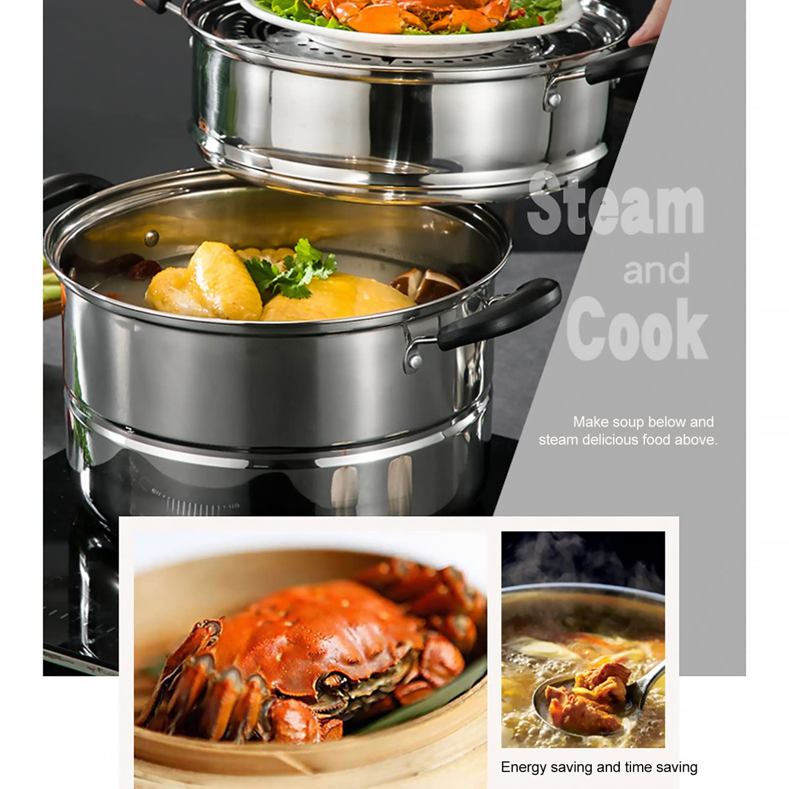 DOITOOL Stainless Steel Steamer Pot with Lid - Ceramic Soup Bowl & Glass Double Boiler for Crab, Fish, Vegetables - Multi-Function Cookware for Cooking, Braising, Steaming Noodles | Perfect for Home Kitchen, Restaurants & Asian Cuisine