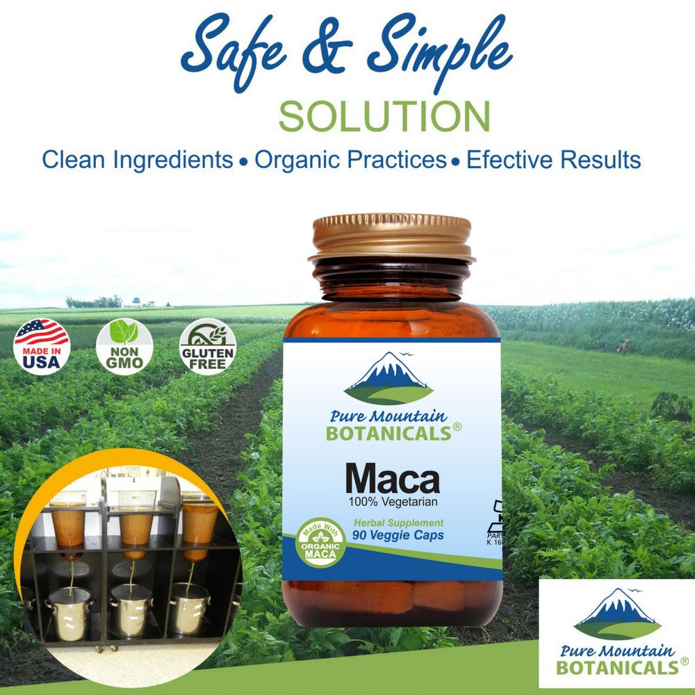 Pure Mountain Botanicals Organic Maca Root Capsules 1000mg - Vegan, Kosher, Non-GMO, Raw & Gelatinized Maca Supplement for Energy, Hormone Balance & Stress Relief - Perfect for Smoothies, Workouts & Daily Wellness