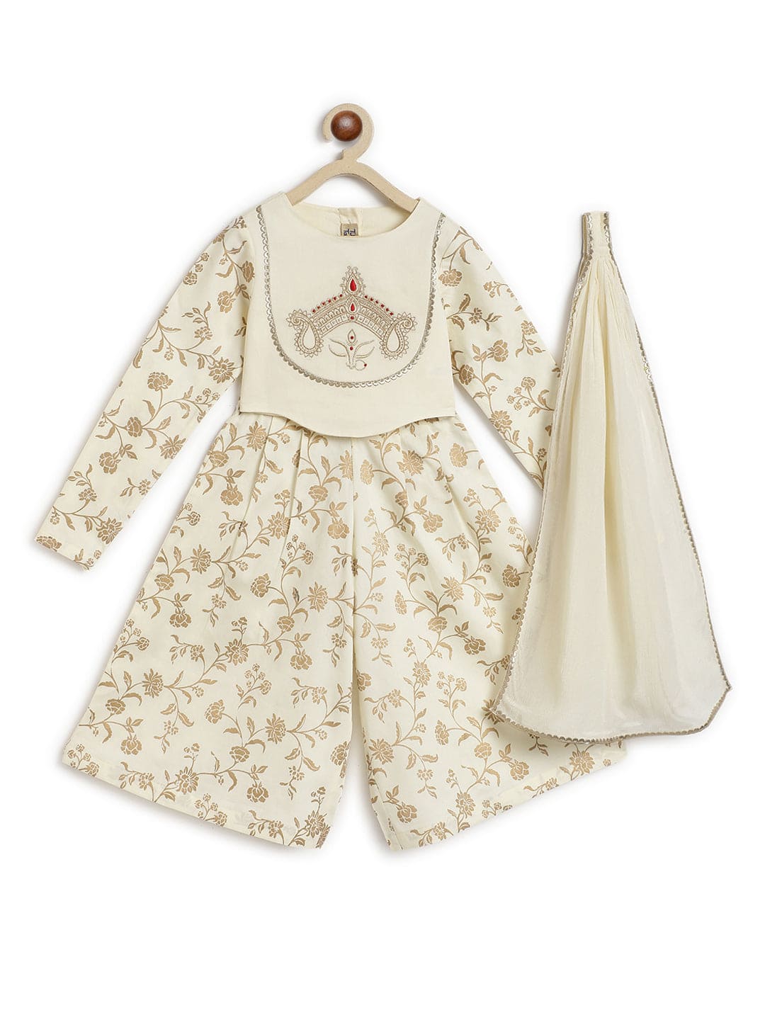Pre Order: Girls Devi Durga Cotton Coord Set in Cream Color | Indian Ethnic Wear for Festivals & Pooja Ceremonies | Perfect for Durga Puja, Navratri & Traditional Occasions