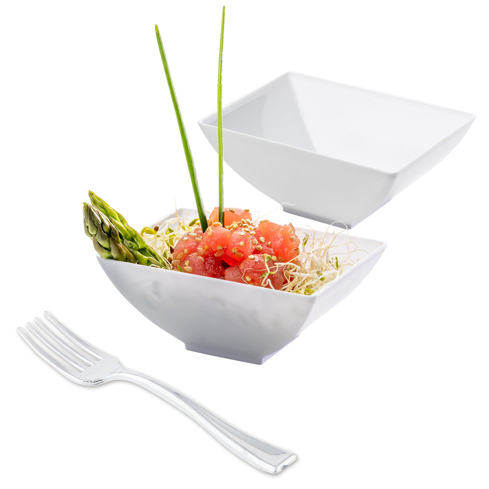 100-Pack 3 oz Rectangle White Plastic Bowls with 100 Silver Mini Forks - Perfect for Parties, Catering, and Small Bite Appetizers