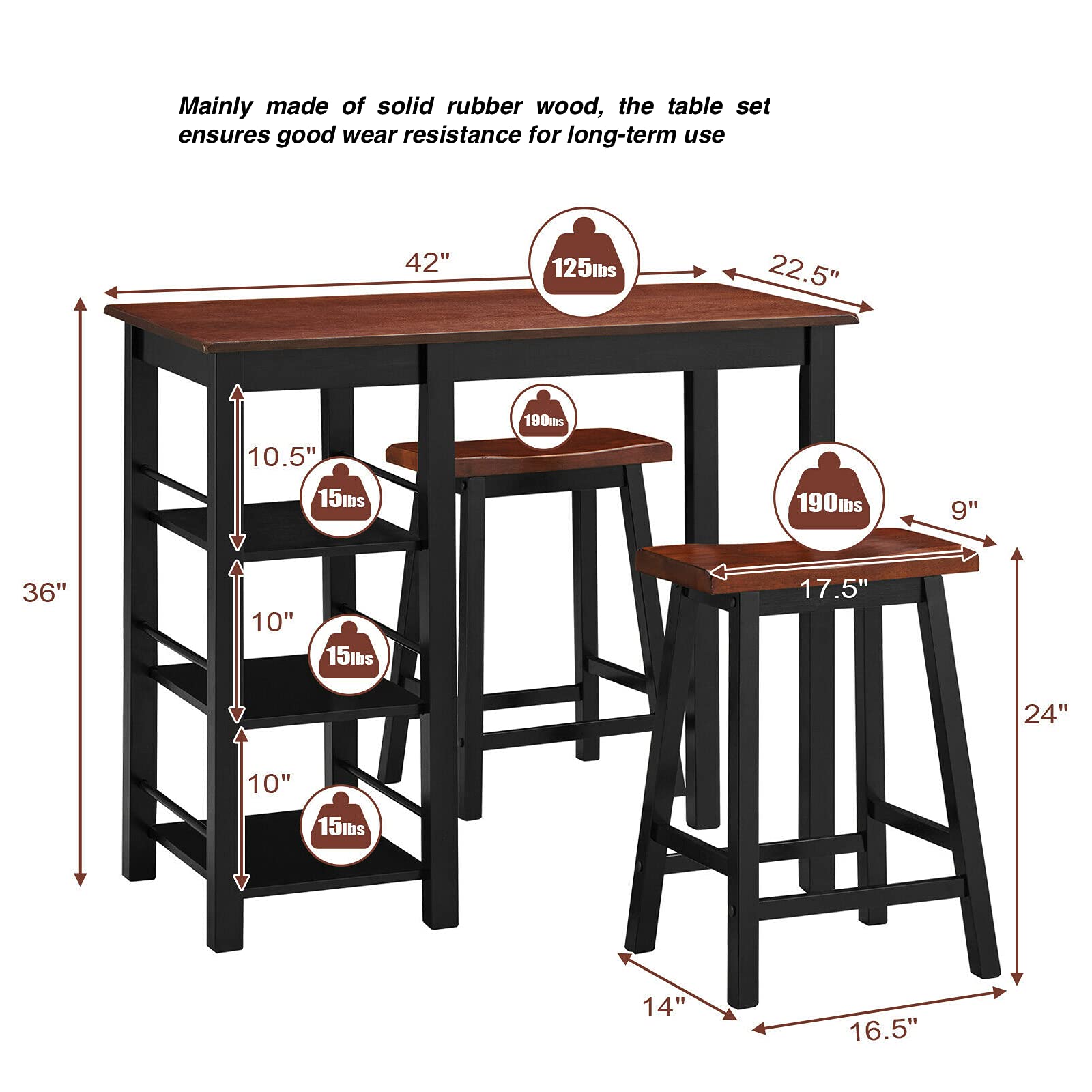 3-Piece Counter Height Dining Table Set with 2 Stools & 3-Tier Storage Shelf - Perfect for Kitchen, Dining Room, Bar or Café - Organize Wine Glasses, Dinnerware, Magazines, Snacks & Potted Plants