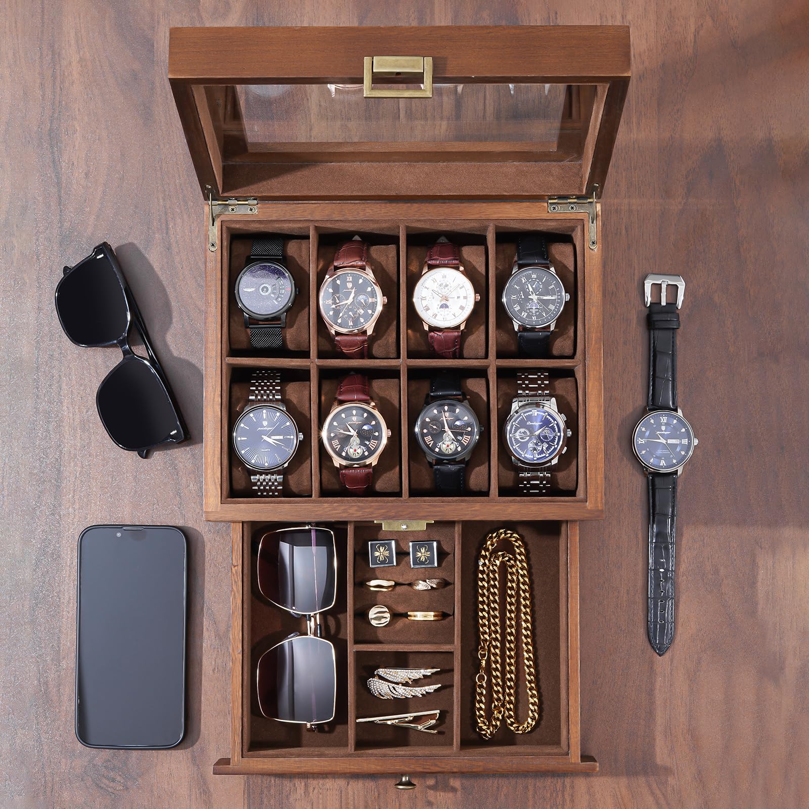ProCase 8-Slot Wooden Watch Box for Men & Women - 2-Layer Watch Display Case with Drawer, Jewelry & Watch Storage Organizer - Perfect for Watch Collectors & Gift Giving (Brown)