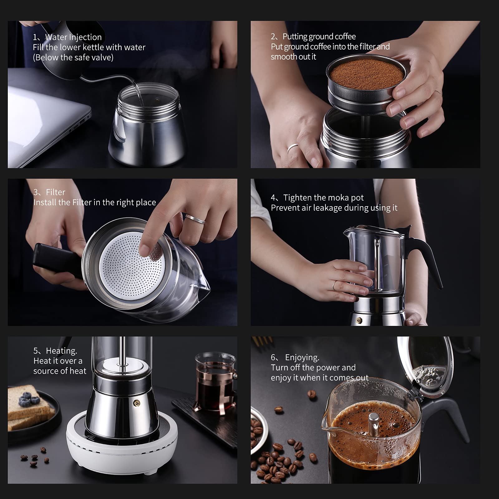 Rumia Stainless Steel & Glass Stovetop Moka Pot - Classic Italian Style Espresso Maker for Home & Office - Easy to Use & Clean 6 Cup Coffee Maker - Perfect for Camping, Gifts & Daily Brewing