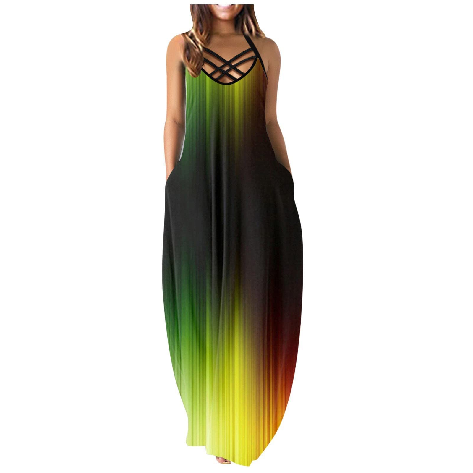Women's Floral Maxi Dress with Pockets - Summer Spaghetti Strap Casual Sundress for Beach Vacation & Outdoor Activities | Sexy Boho Style Dress for Travel, Date Night, and Pool Parties