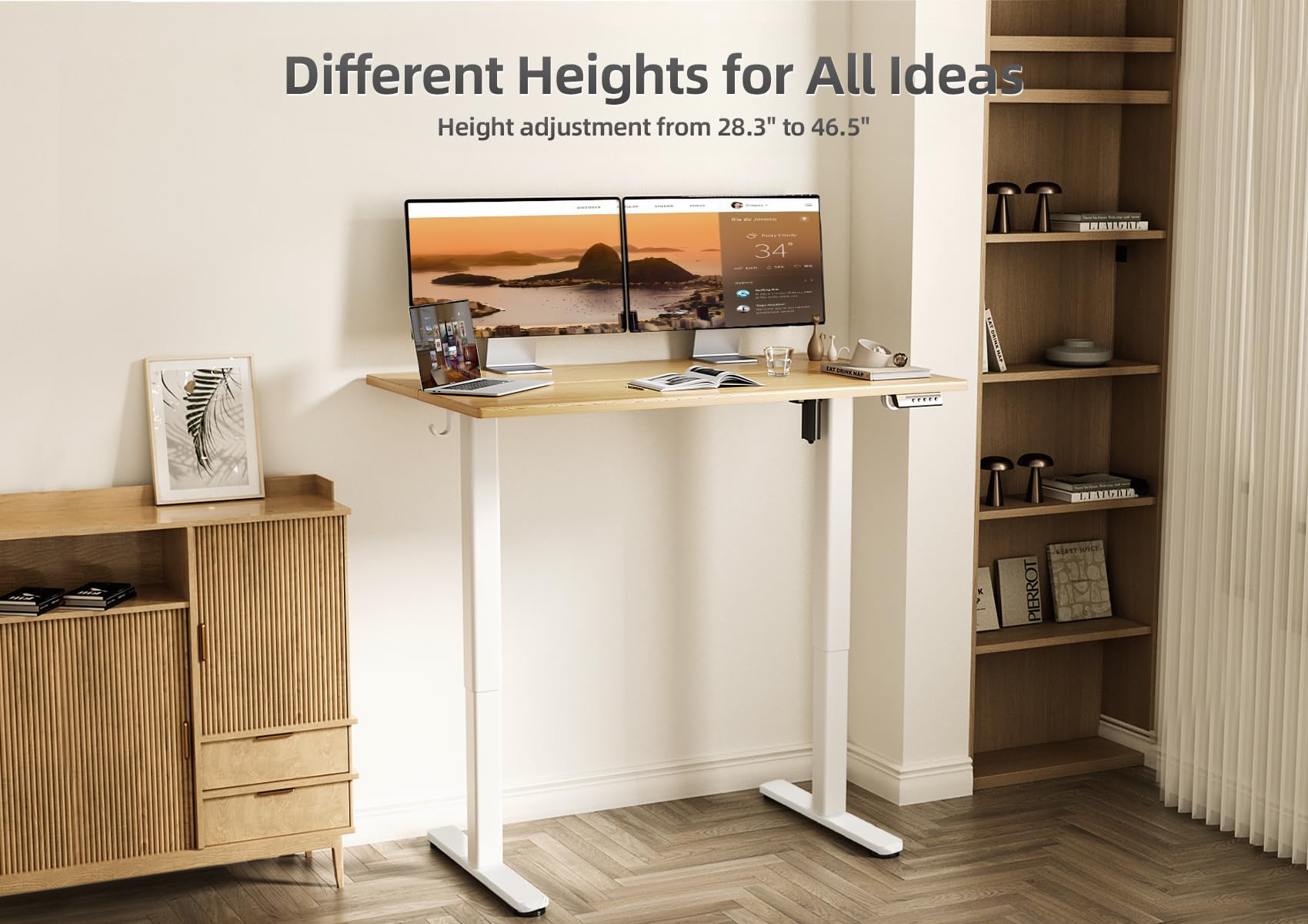 Claiks 48x24 Inches Bamboo Electric Standing Desk - Adjustable Height Sit Stand Desk for Home Office, White Frame with Bamboo Top & Splice Board - Perfect for Remote Work, Gaming, and Ergonomic Workspaces