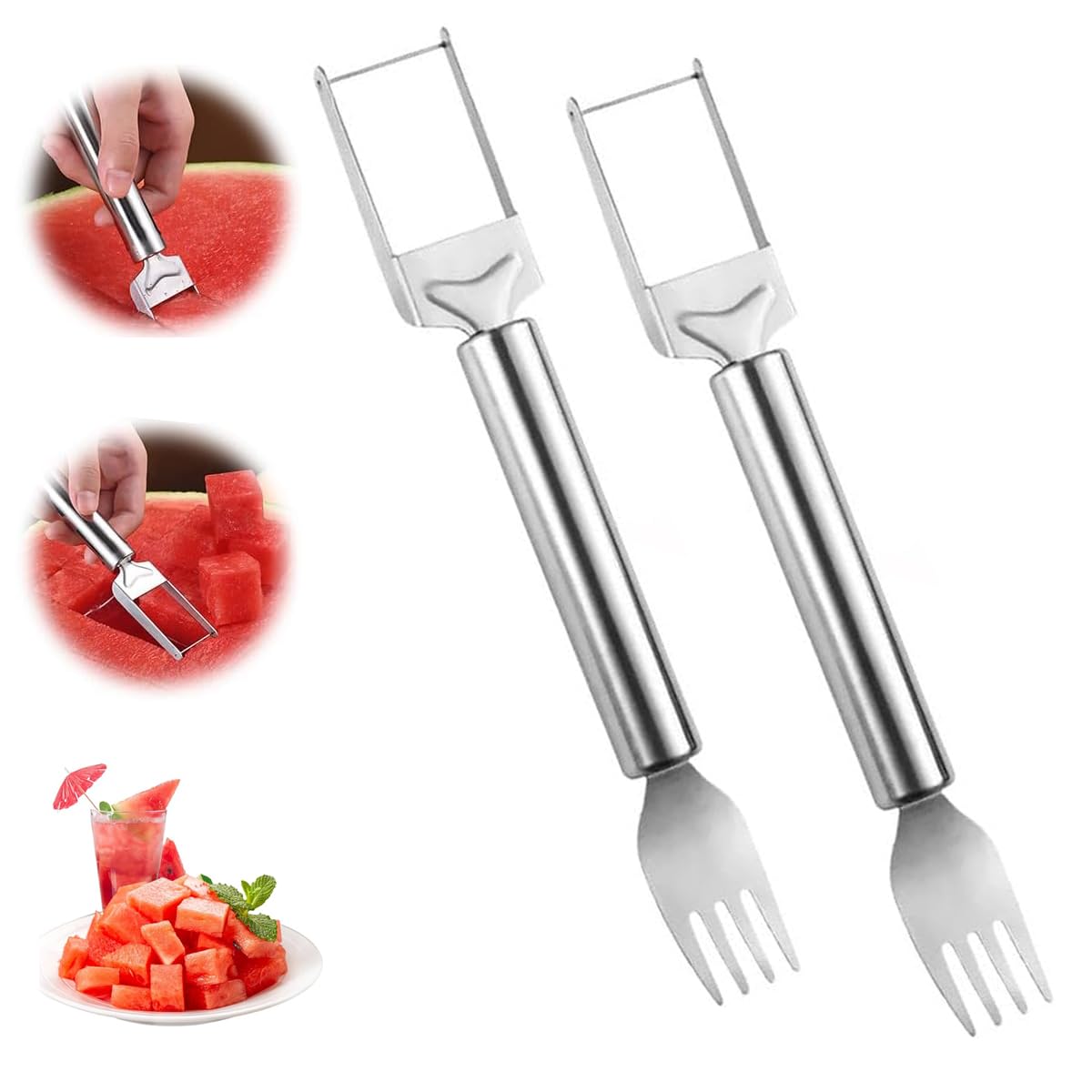 2-in-1 Stainless Steel Fruit Cutter - Dual Head Watermelon Slicer & Fork Set with Ergonomic Round Handle (2PCS) - Perfect for Picnics, BBQs and Summer Fruit Parties
