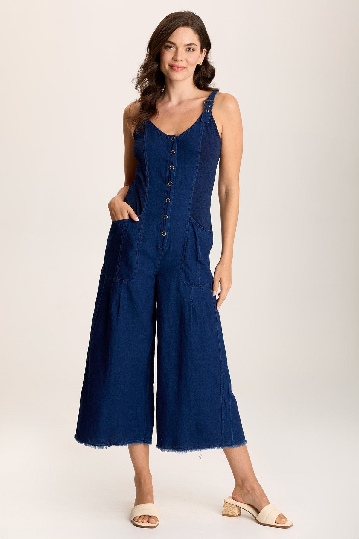 Jalila Women's Mock Denim Jumpsuit - Stretch Indigo Twill Romper with Pockets | Casual Outfit for Summer, Streetwear & Date Night