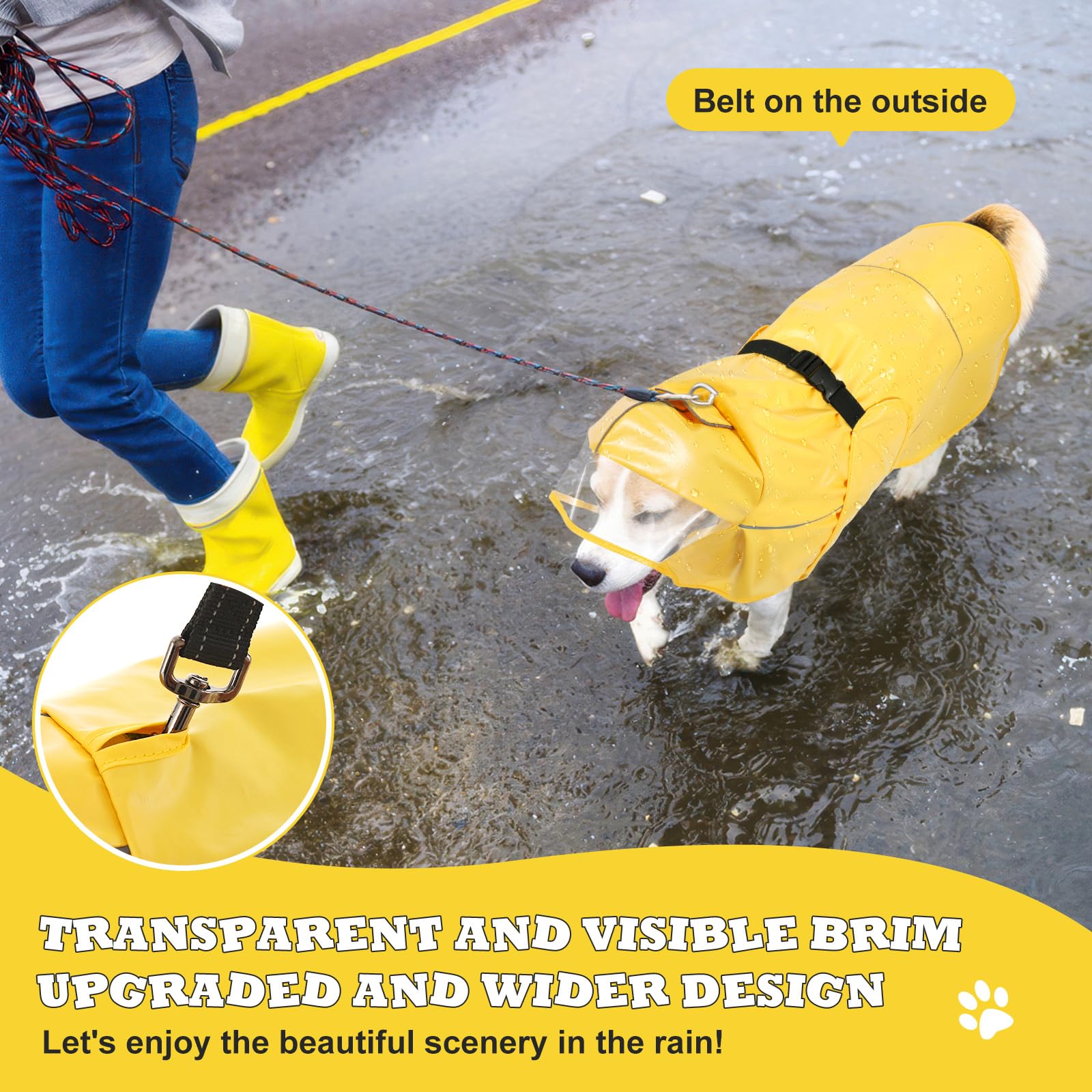 Waterproof Dog Raincoat for Large Medium Small Dogs - Adjustable Dog Rain Jacket with Clear Hood & Reflective Strips | Magic Tape Closure | Yellow 3XL | Perfect for Outdoor Walks, Hiking & Rainy Day Adventures