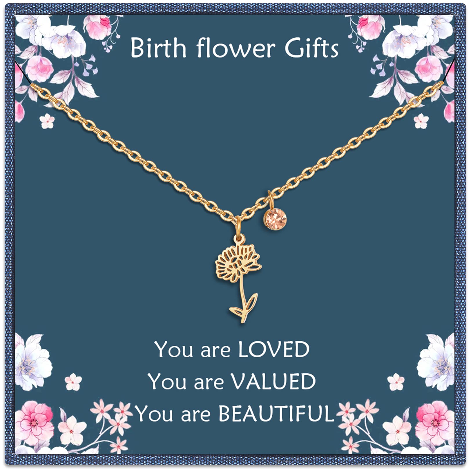 Birth Flower Necklace for Women - 14K Gold Plated Birth Month Floral Pendant with Birthstone | Personalized Birthday Gift for Mom, Wife & Friends | Perfect for Mother's Day, Anniversaries & Special Occasions