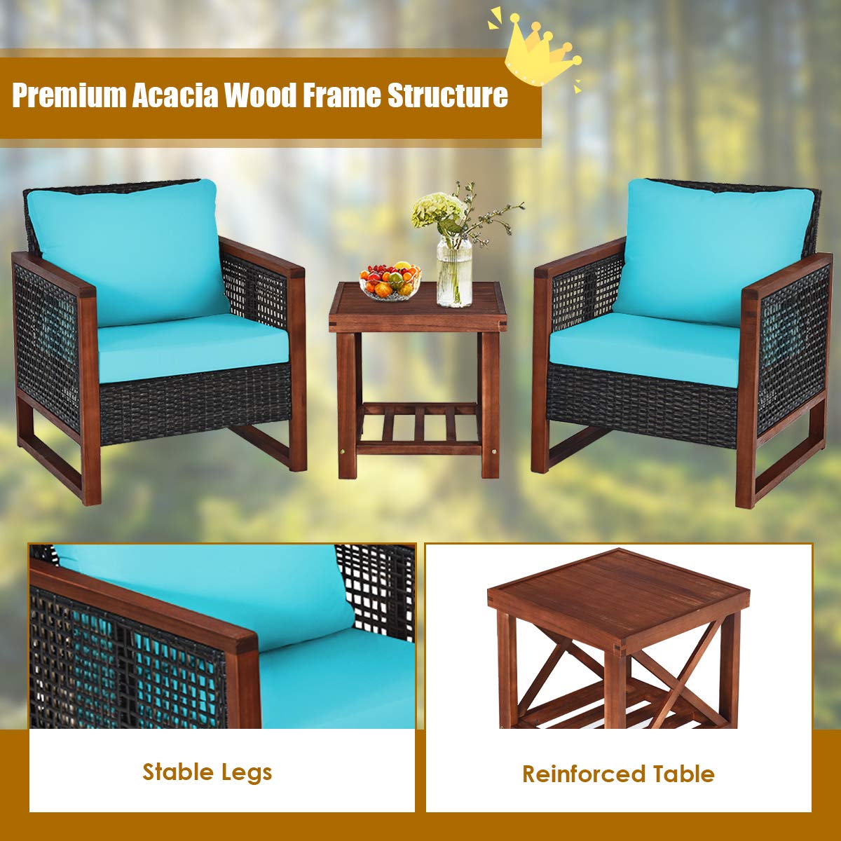 HappyGrill 3-Piece Outdoor Patio Furniture Set - Wicker Chairs with Coffee Table, Acacia Wood Frame & Washable Cushions - Perfect for Garden, Poolside, Backyard, Balcony & Porch Relaxation