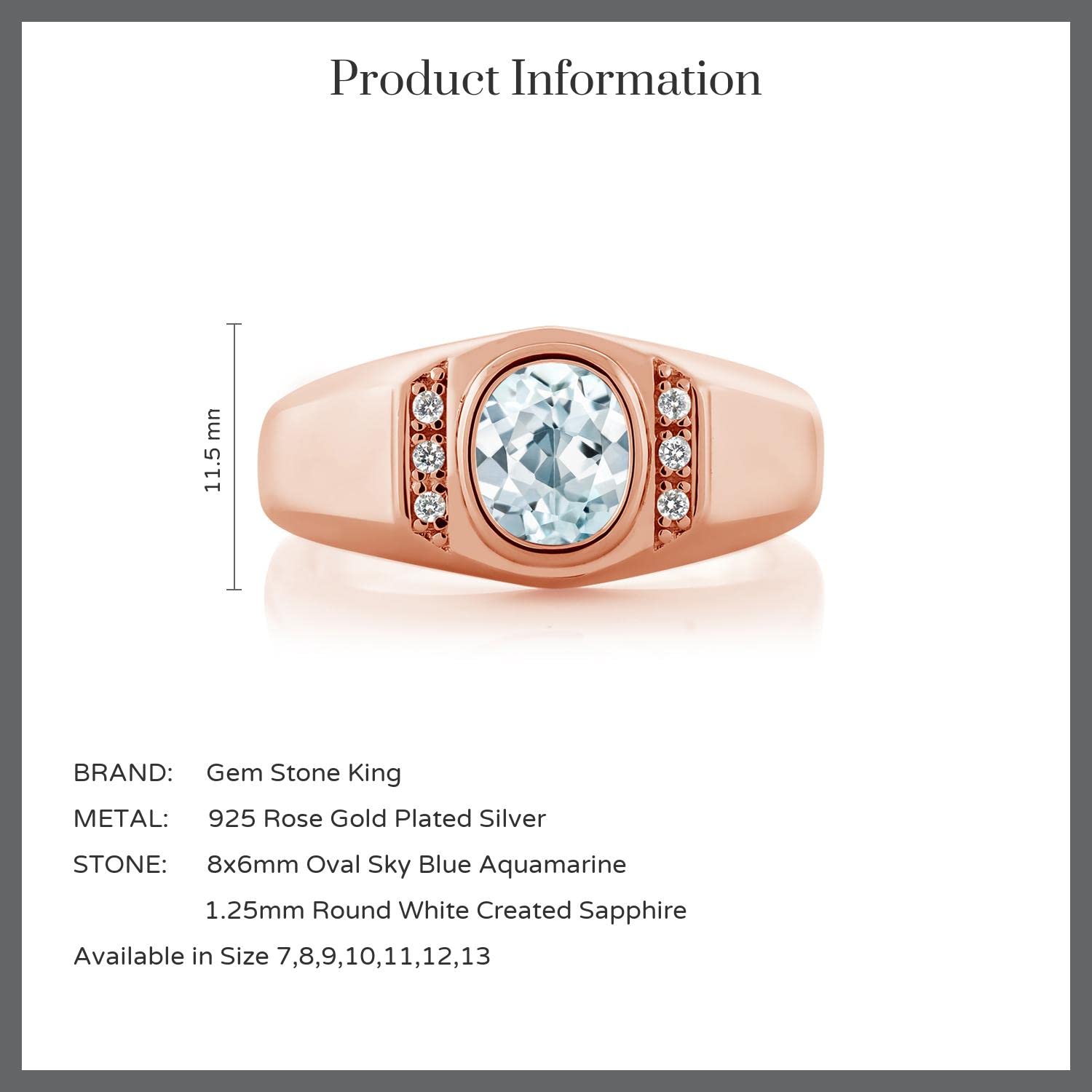 1.26 Ct Sky Blue Aquamarine & White Sapphire Men's Ring - 18K Rose Gold Plated Sterling Silver for Wedding, Engagement & Anniversary Gifts - Gem Stone King