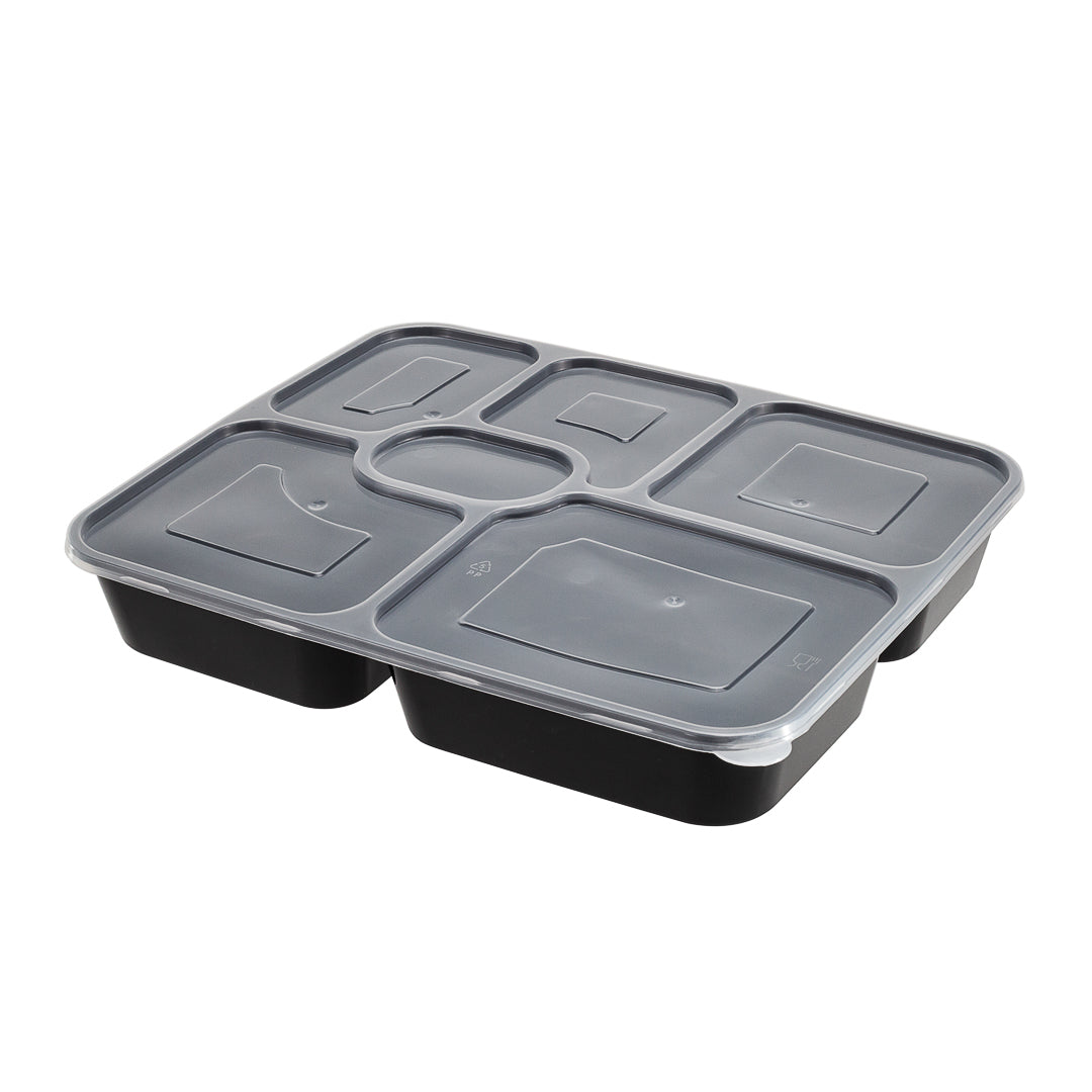 53 oz Black Plastic 6-Compartment Food Storage Container with Clear Lid - Microwave Safe (9.75