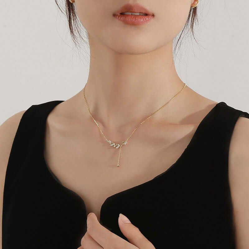 Marquise Olive Branch Leaf Y Necklace - Elegant Sterling Silver Pendant for Women | Perfect for Weddings, Anniversaries & Everyday Wear | R8236