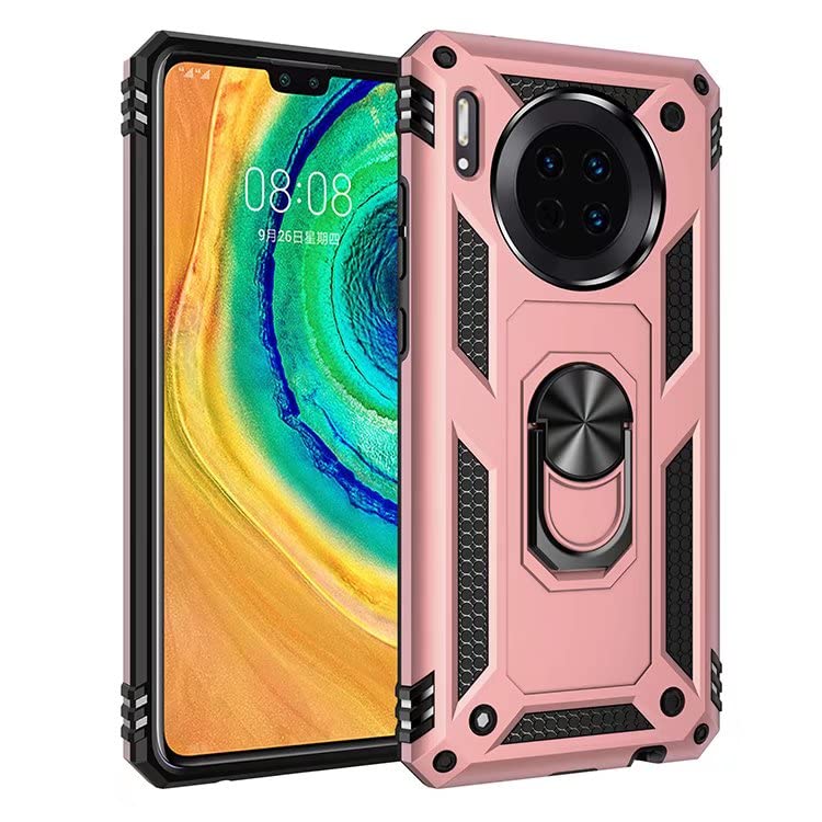 Shockproof Armor Case for Huawei Mate 30 - Heavy Duty Dual Layer Hybrid Protection with 360° Rotating Metal Ring Kickstand & Magnetic Car Mount - Rose Gold | Perfect for Work, Travel & Daily Protection