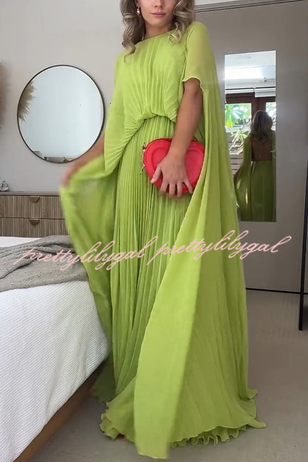Spring Whispers Chiffon Pleated Wide Sleeve Volume Maxi Dress | Flowy Elegant Long Dress for Women | Perfect for Weddings, Parties & Summer Vacations
