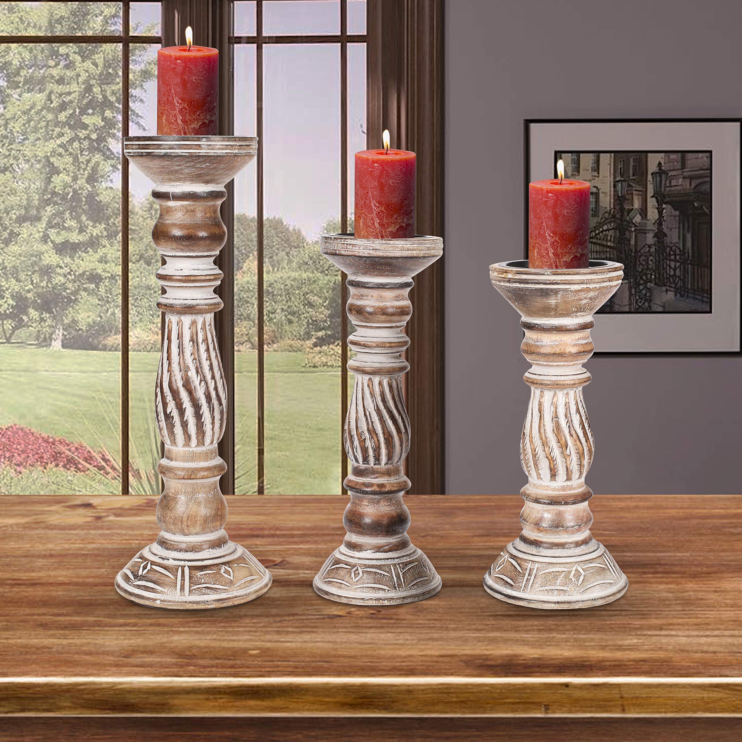 Set of 3 Wooden Candle Holders - Natural Finish (14