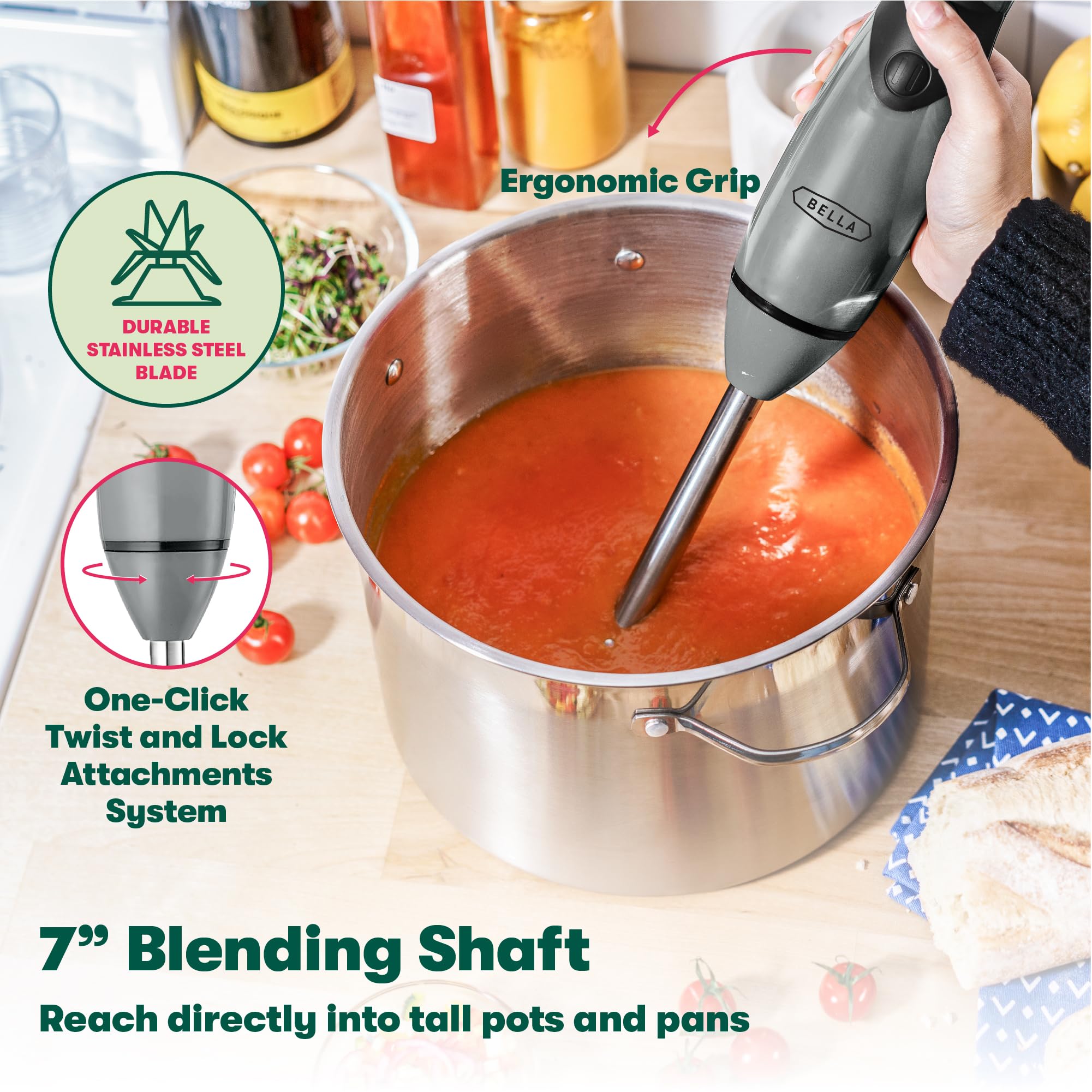 BELLA 250W Immersion Blender Hand Mixer - 2-Speed Electric Handheld Blender with Whisk Attachment for Juicing, Smoothies, Baby Food & Shakes - Stainless Steel BPA-Free Portable Blender (Gray) - Perfect for Kitchen, Camping & Small Space Cooking