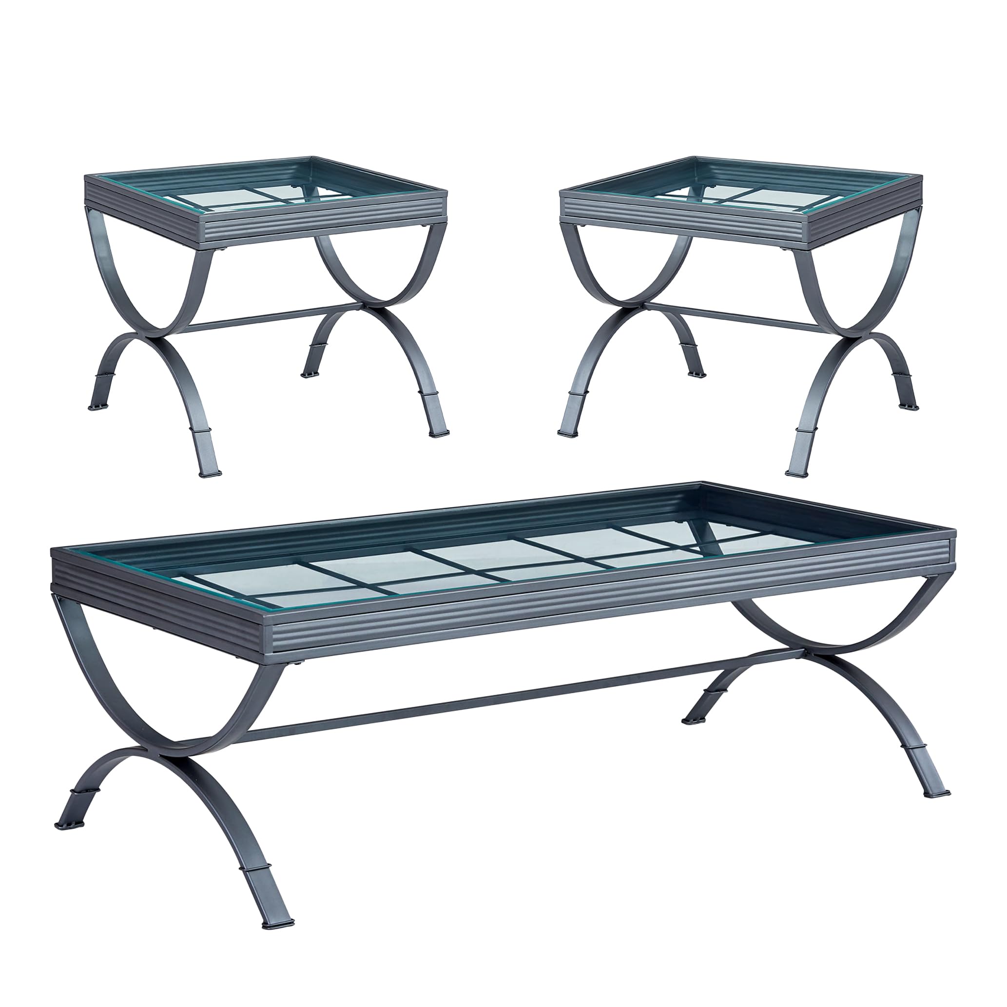 Steve Silver Emerson 3-Piece Iron Living Room Set – Transitional Style with Windowpane Glass Top & Tempered Glass – Includes Cocktail Table & 2 End Tables (52