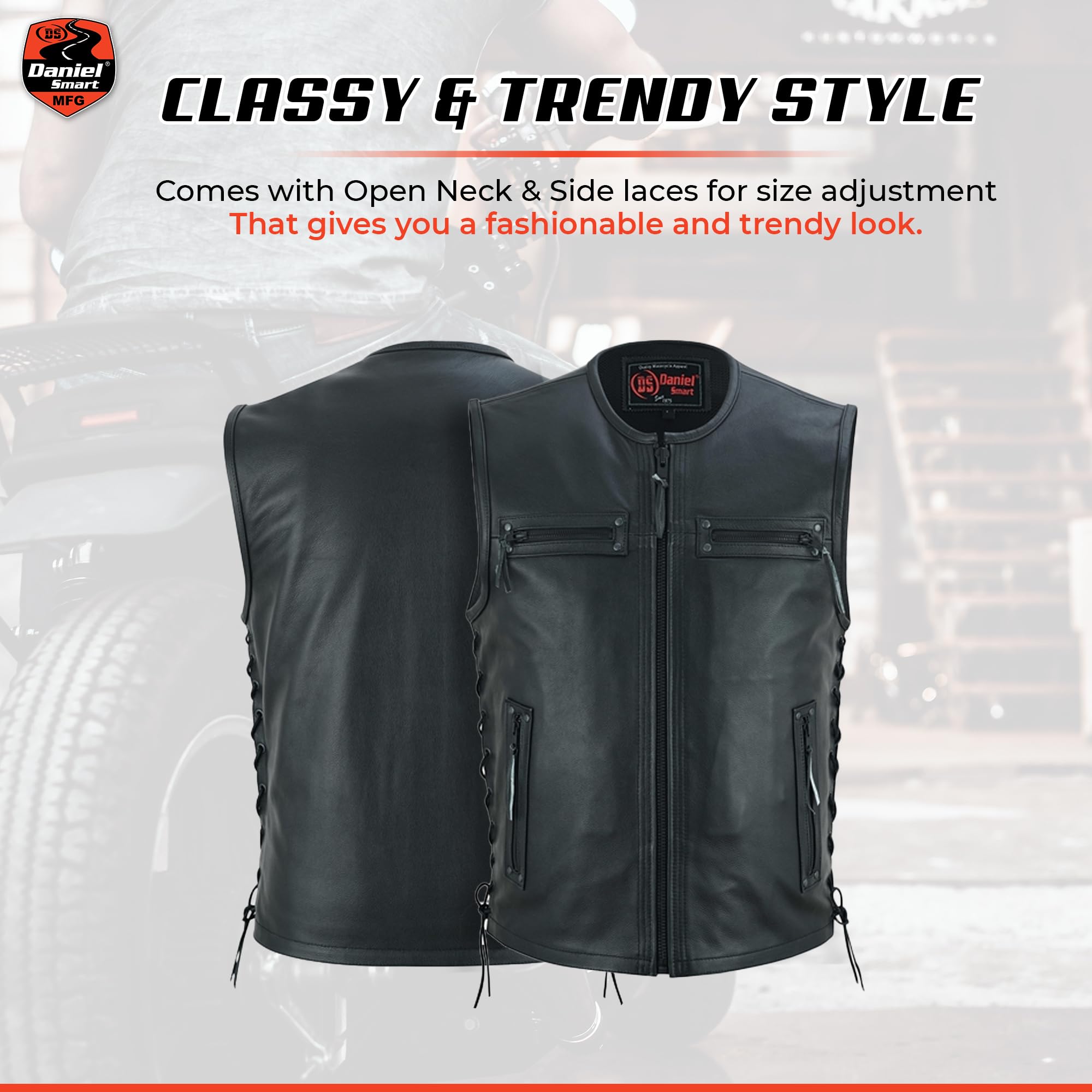 Daniel Smart Men's Black Leather Vest - Soft Full Grain Leather with Front Zipper, Side Laces & Armory Pockets | Motorcycle Riding, Casual Outfits & Biker Fashion
